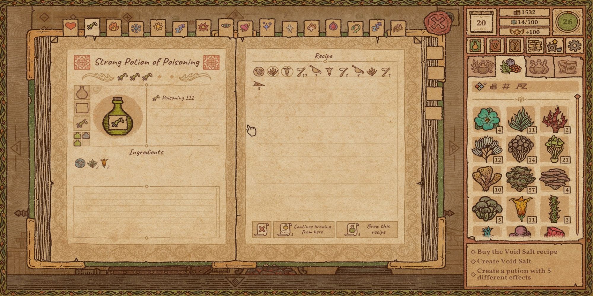 A recipe saved in a magic page in Potion Craft: Alchemist Simulator
