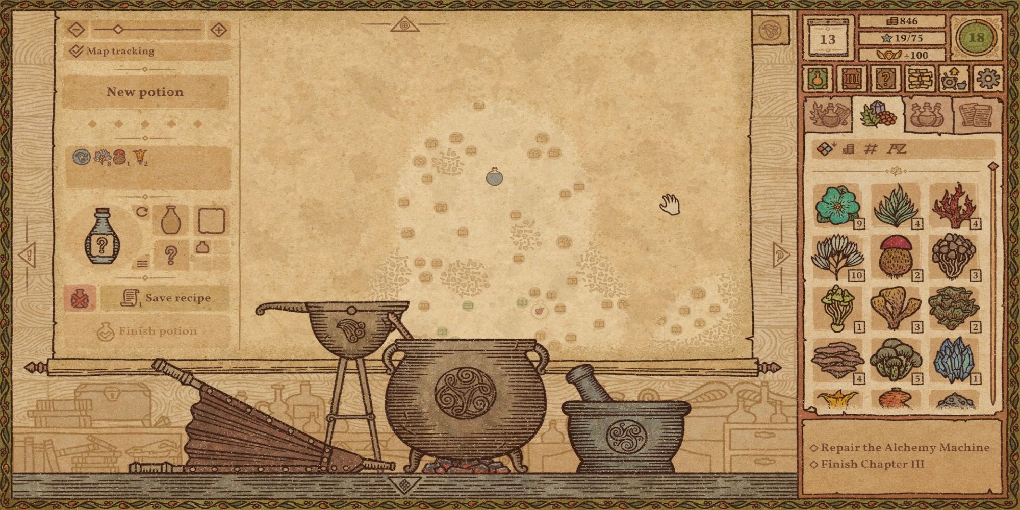 An early-game view of the map in Potion Craft: Alchemist Simulator