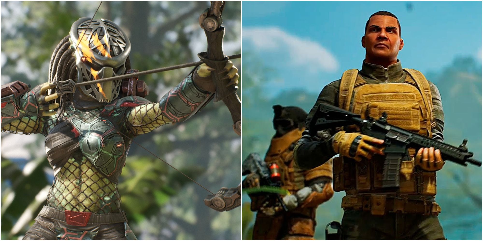 Split image Predator Hunting Grounds Female Predator Aiming Bow And Two Members Of Fireteam