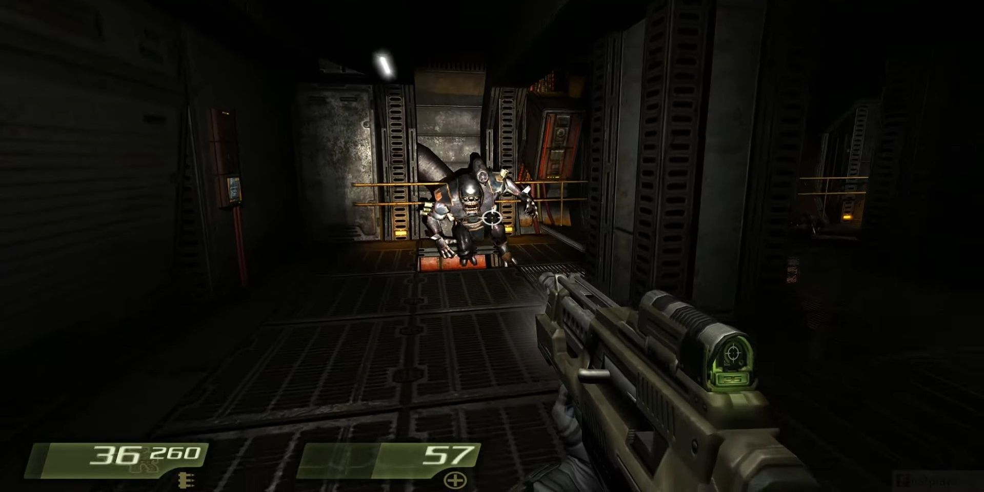 A player is charged by a Strogg enemy in Quake 4