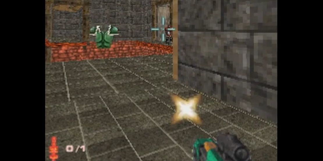 A player fires at an enemy in Quake Plus 3D