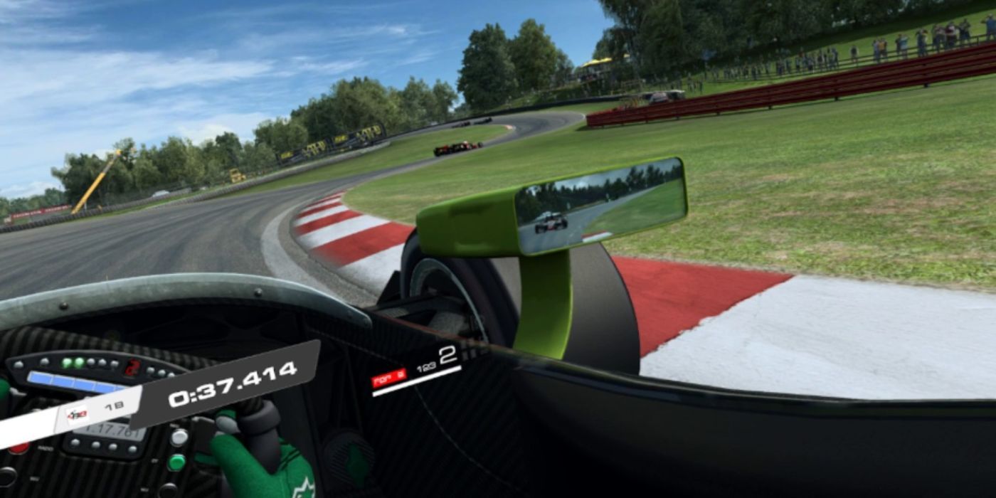 A race in RaceRoom being played on a VR headset