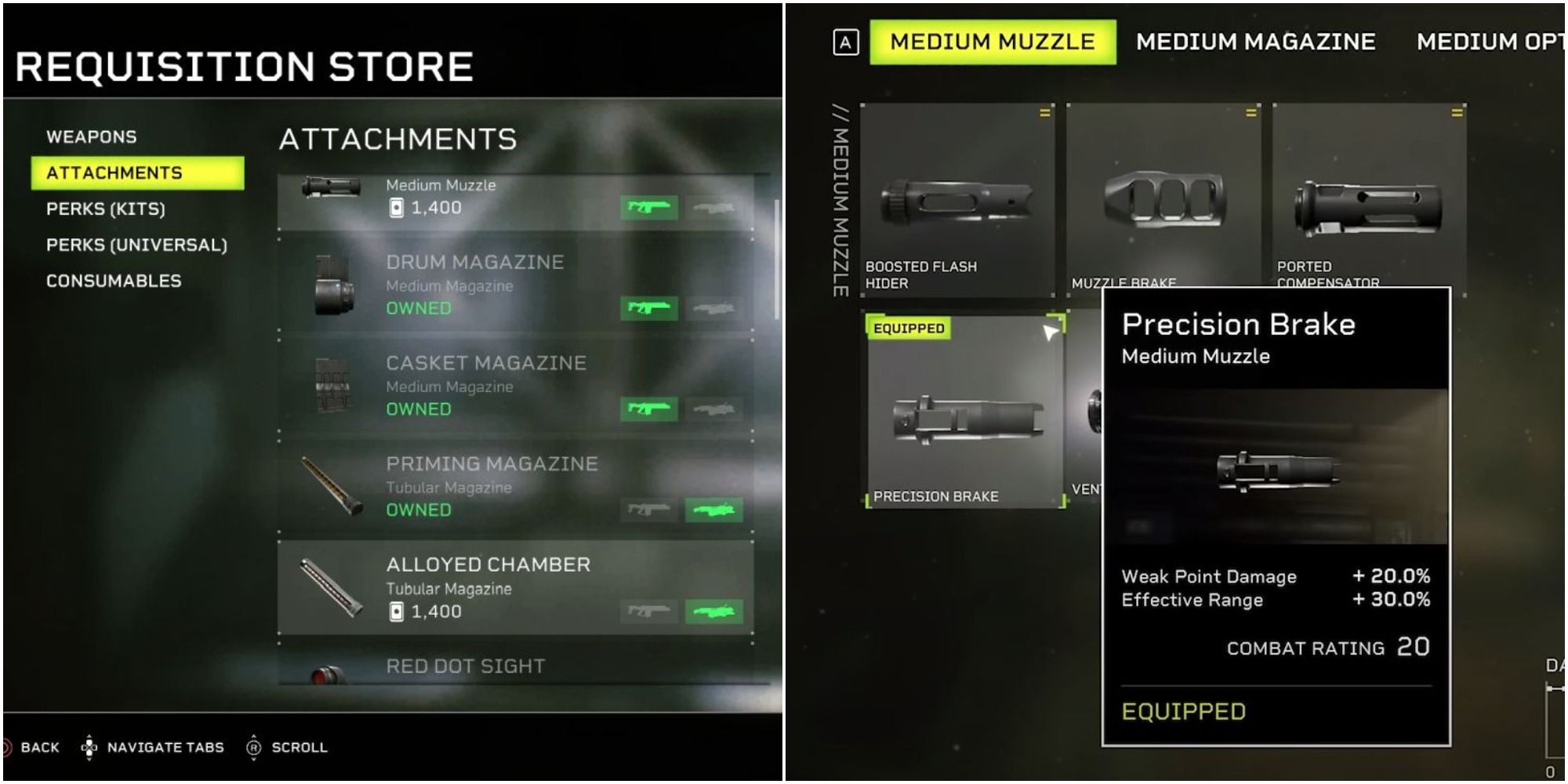 Aliens: Fireteam Elite side-by-side of the Requisition Store and gun attachments for the Pulse Rifle