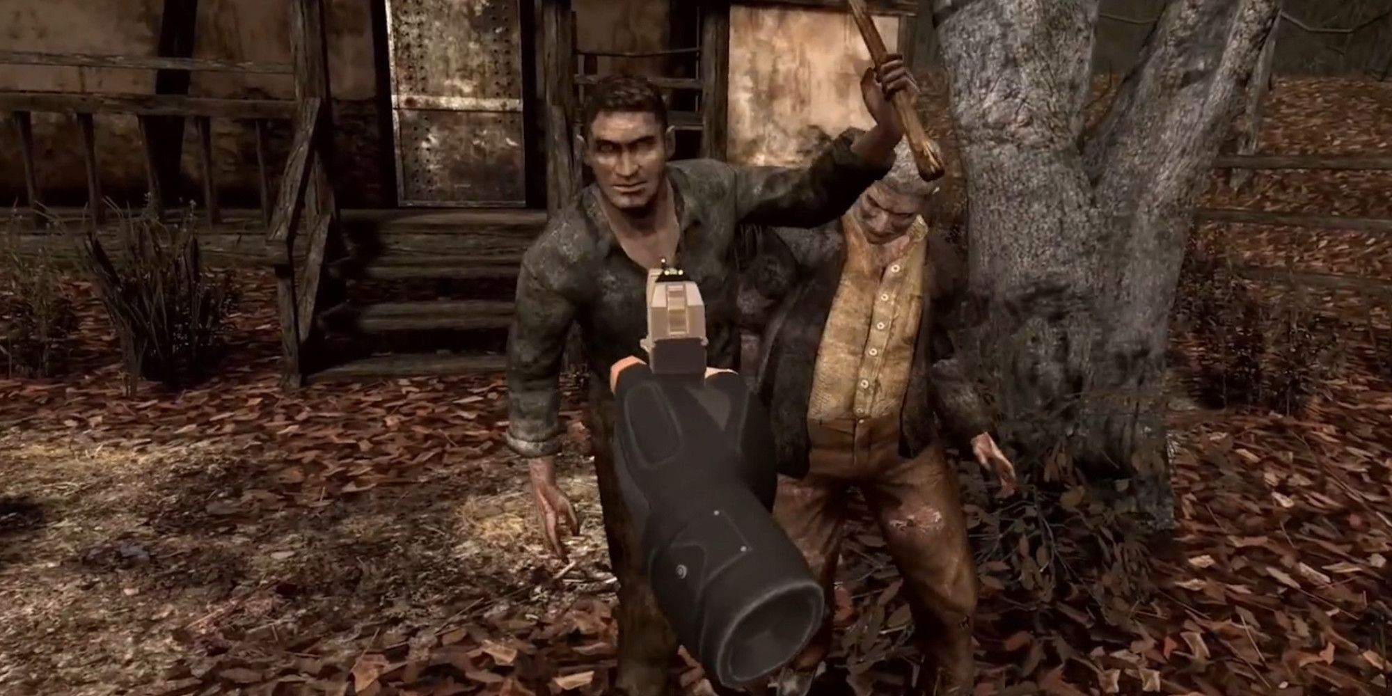 Resident evil 4 vr shooting a zombie with a pistol as it charges with an arm raised