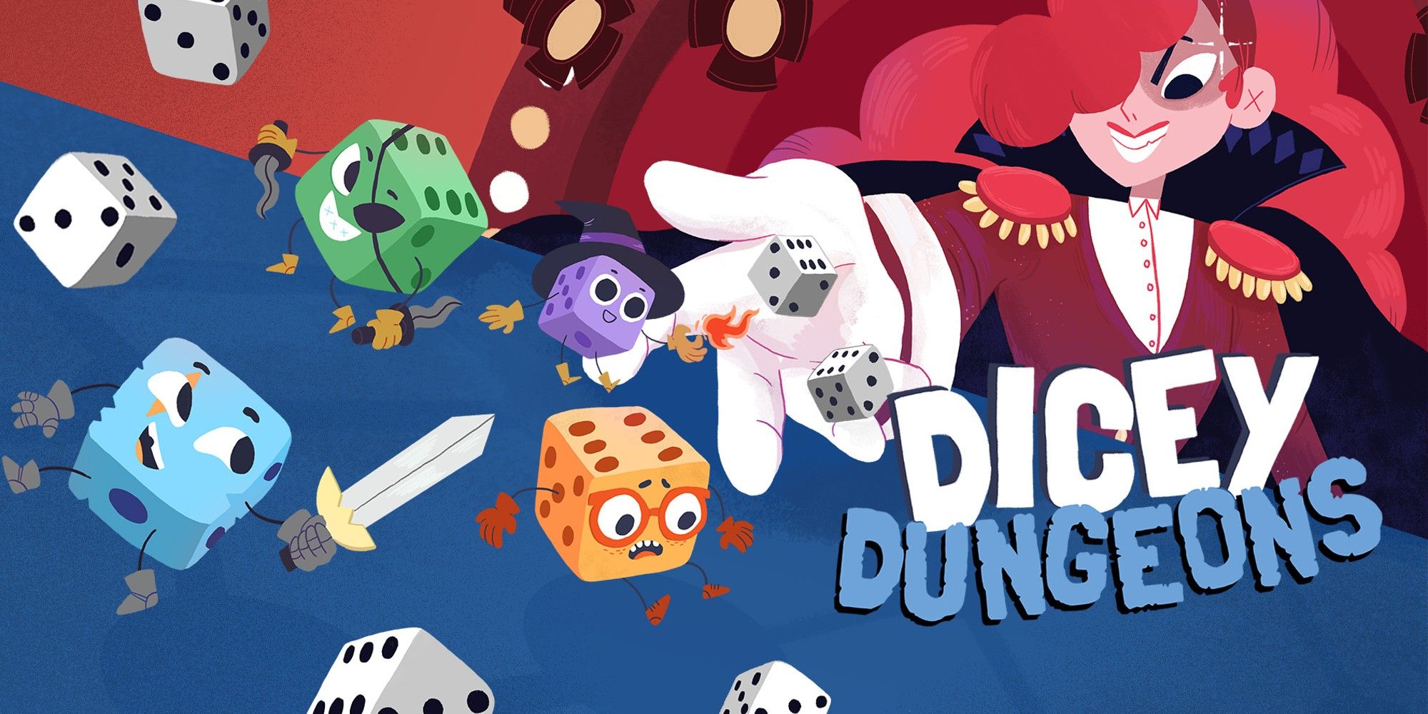 promotional art for the game Dicey Dungeons featuring a series of dice-characters being flung from the hand of Lady Luck with the game's logo in the bottom right corner