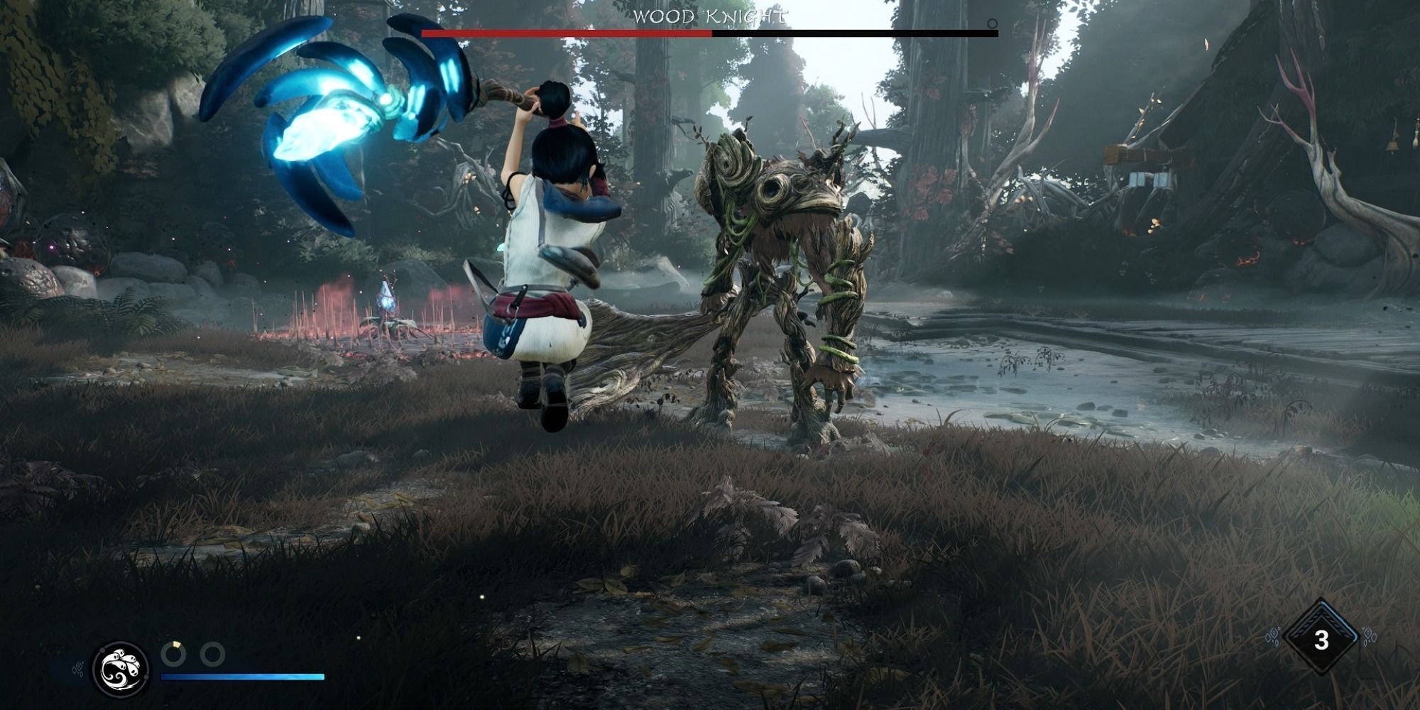 Kena in the air using Rot Hammer on a Wood Knight enemy