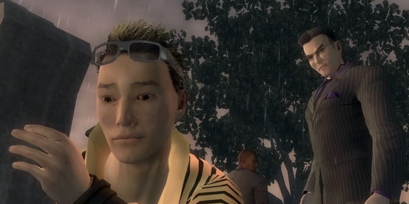 Shogo Akuji (left) is at Gat's mercy for ordering the murder of Gat's girlfriend, Aisha during Rest In Peace's ending cutscene