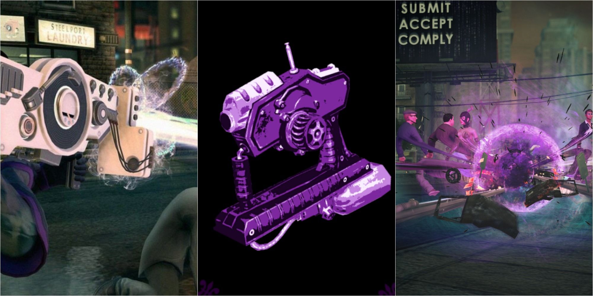Saints Row Best Weapons Featured Split Image Of Dubstep Gun, RC Possessor, And People Getting Sucked Into Black Hole