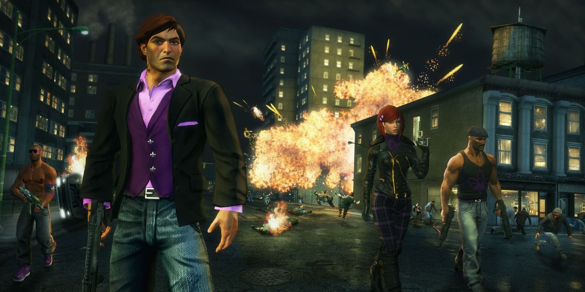 Saints Row The Third the boss with explosion behind him