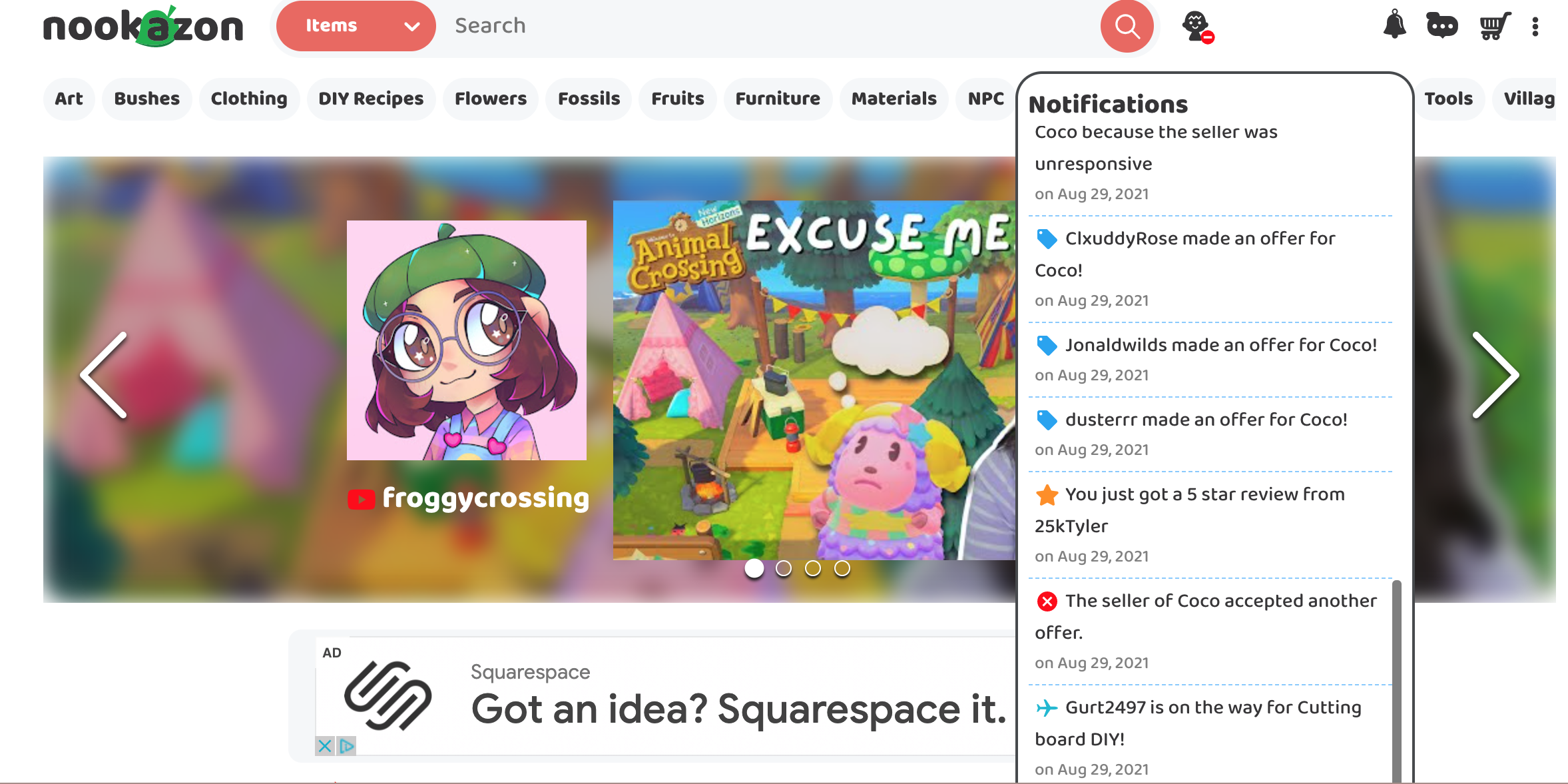 The Nookazon homepage, with one user's notifications tab open on the right-hand side. In the background, there is a banner advertising Youtube creator froggycrossing's newest video