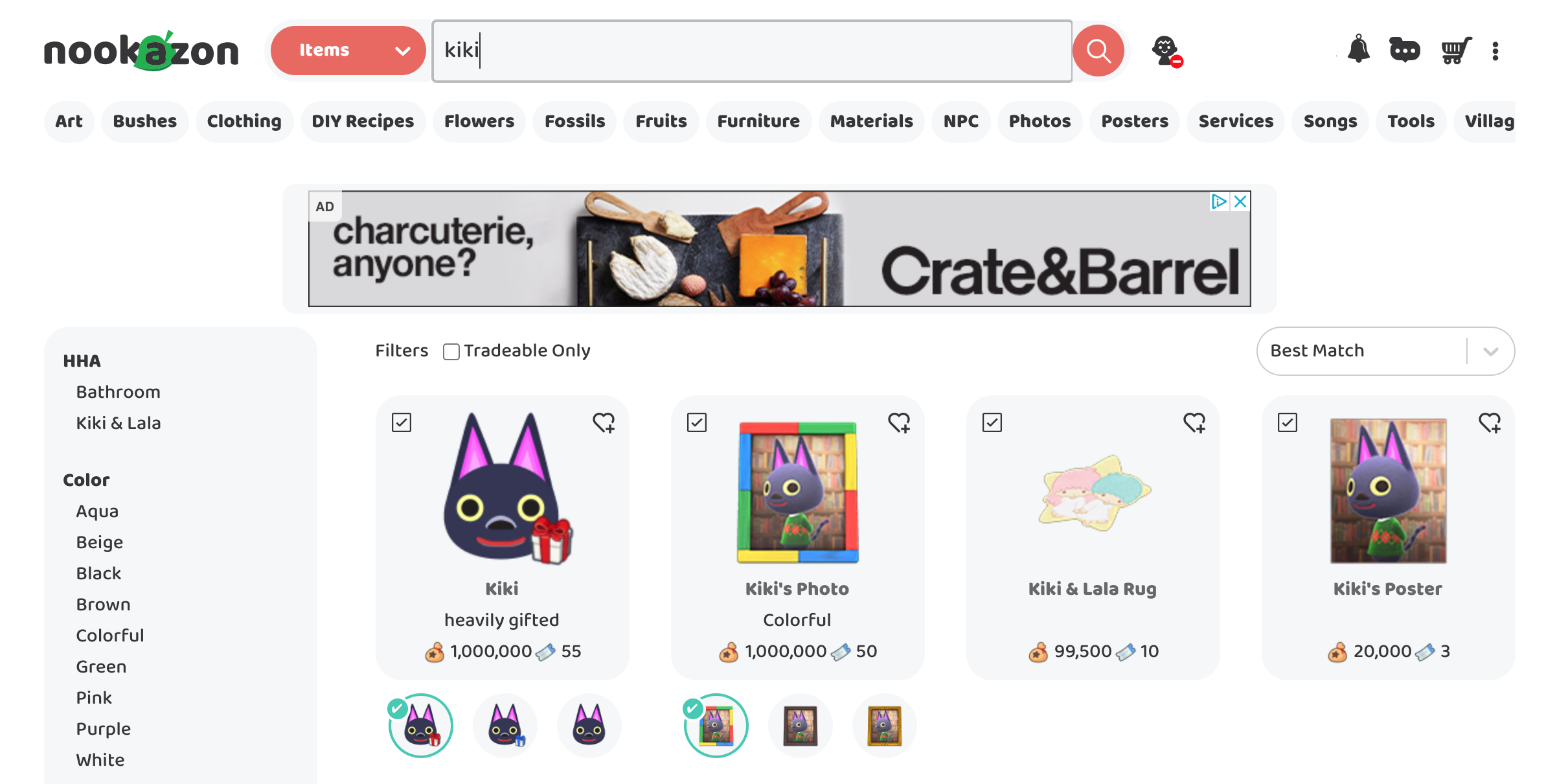 A Nookazon user is on the search page for Kiki, a black cat. She is a normal villager. From left to right, the page shows listing for Kiki (the villager), Kiki's photo, Kiki & Lala Rug, and Kiki's poster 