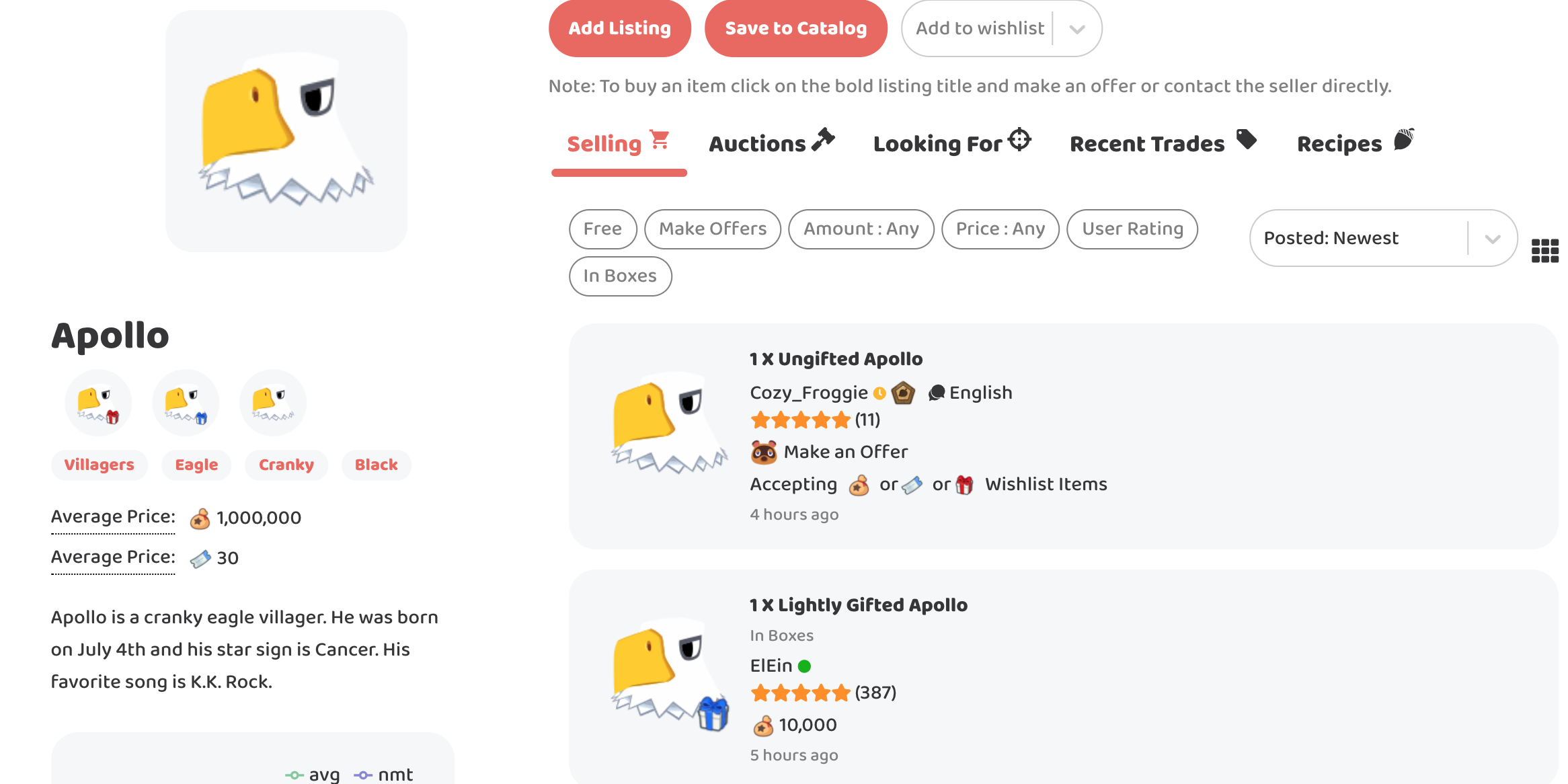 The Nookazon villager page for Apollo, a cranky eagle villager. On the left side, there is a picture with Apollo, with three smaller icons underneath. On the right, different users have listed Apollo for trade.