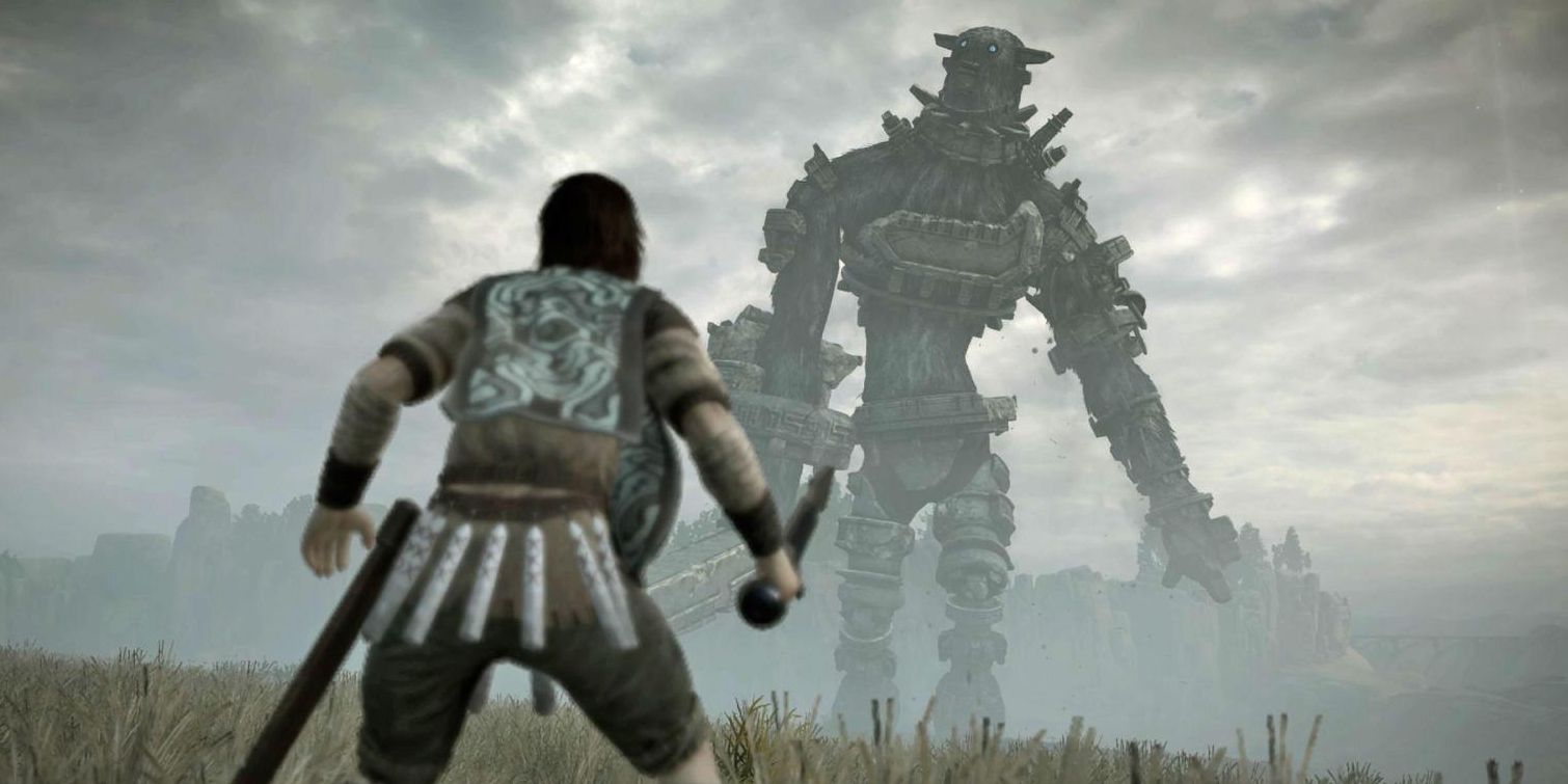 action shot Wander fighting Colossi Shadow of The Colossus in field