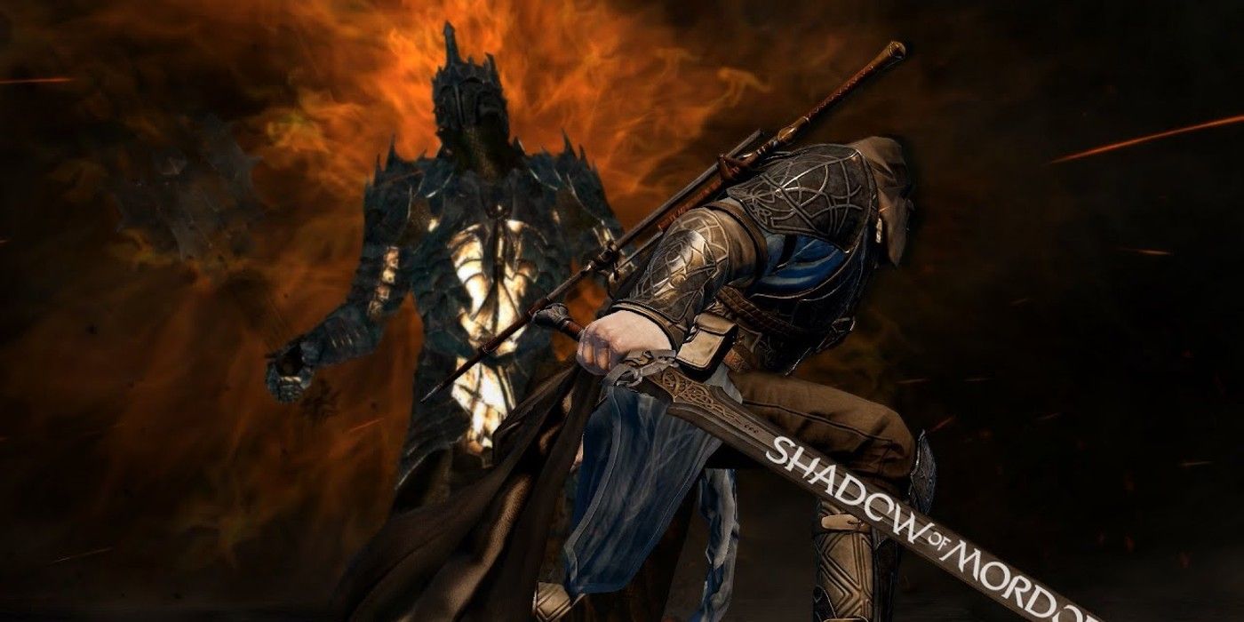 Shadow of Mordor facing Sauron in flames