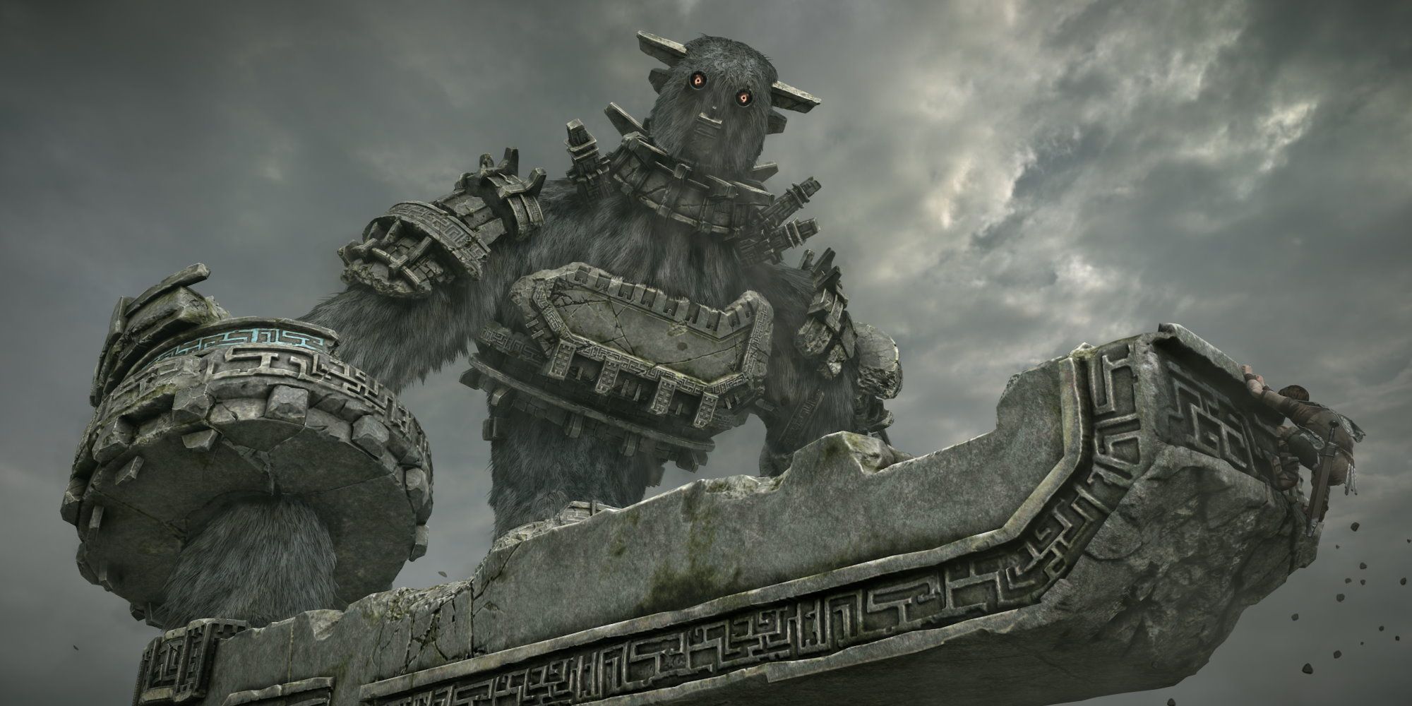 a wide shot of a colossus from Shadow of the Colossus holding an enormous rock sword with grey sky behind it