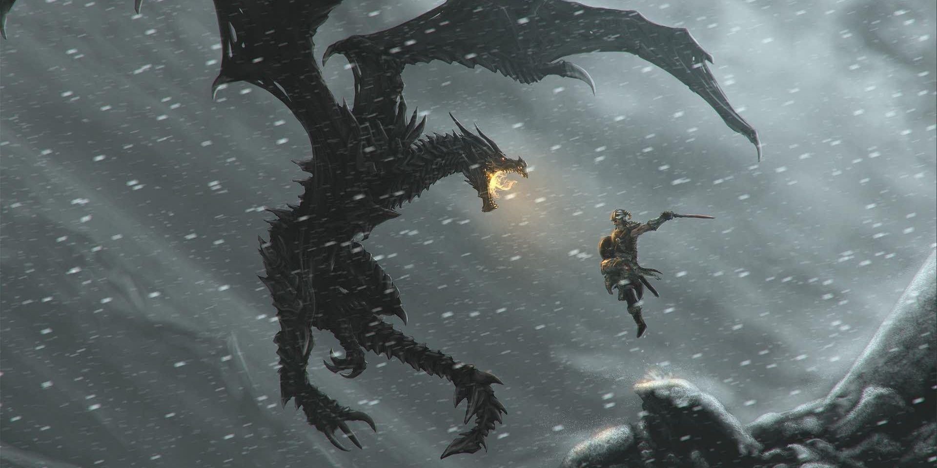 One of Skyrim's Nords fighting a Dragon in the snow.
