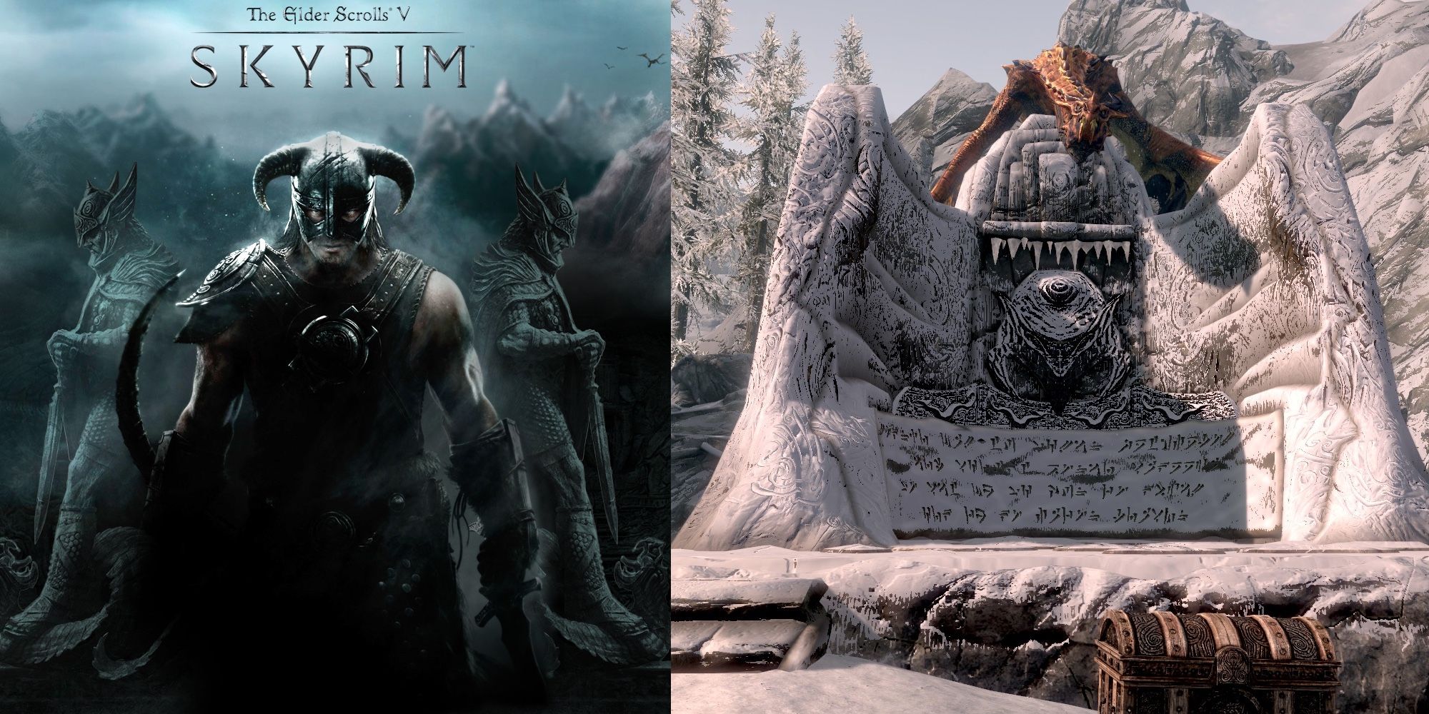 The Dragonborn from The Elder Scrolls V: Skyrim next to a Word Wall.