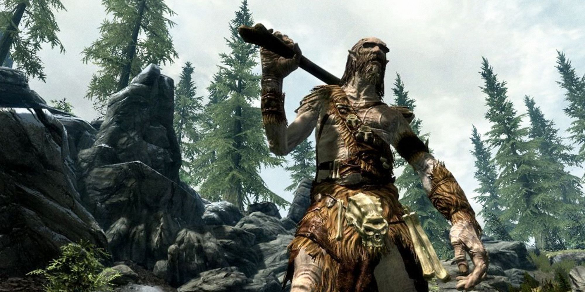 Skyrim giant holding a club over his shoulder, trees in the background.