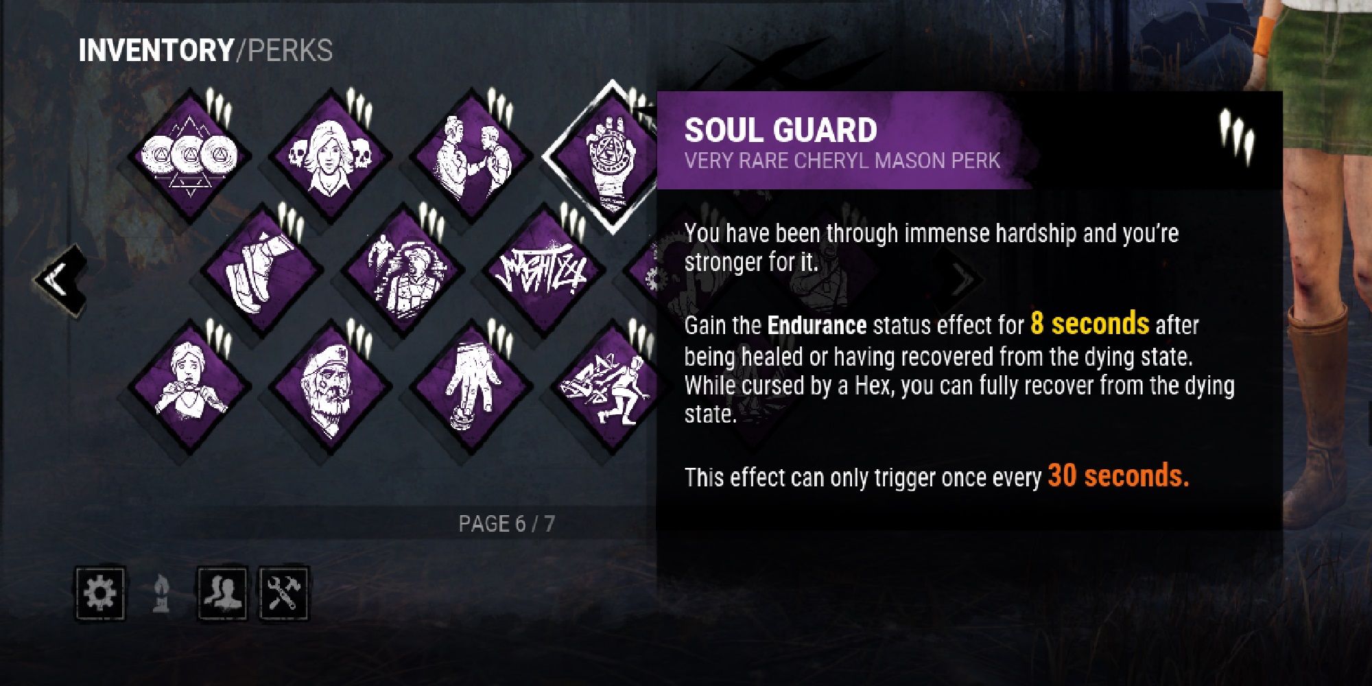 Soul Guard Dead By Daylight Perk Screenshot Of Description In Survivor Loadout Menu