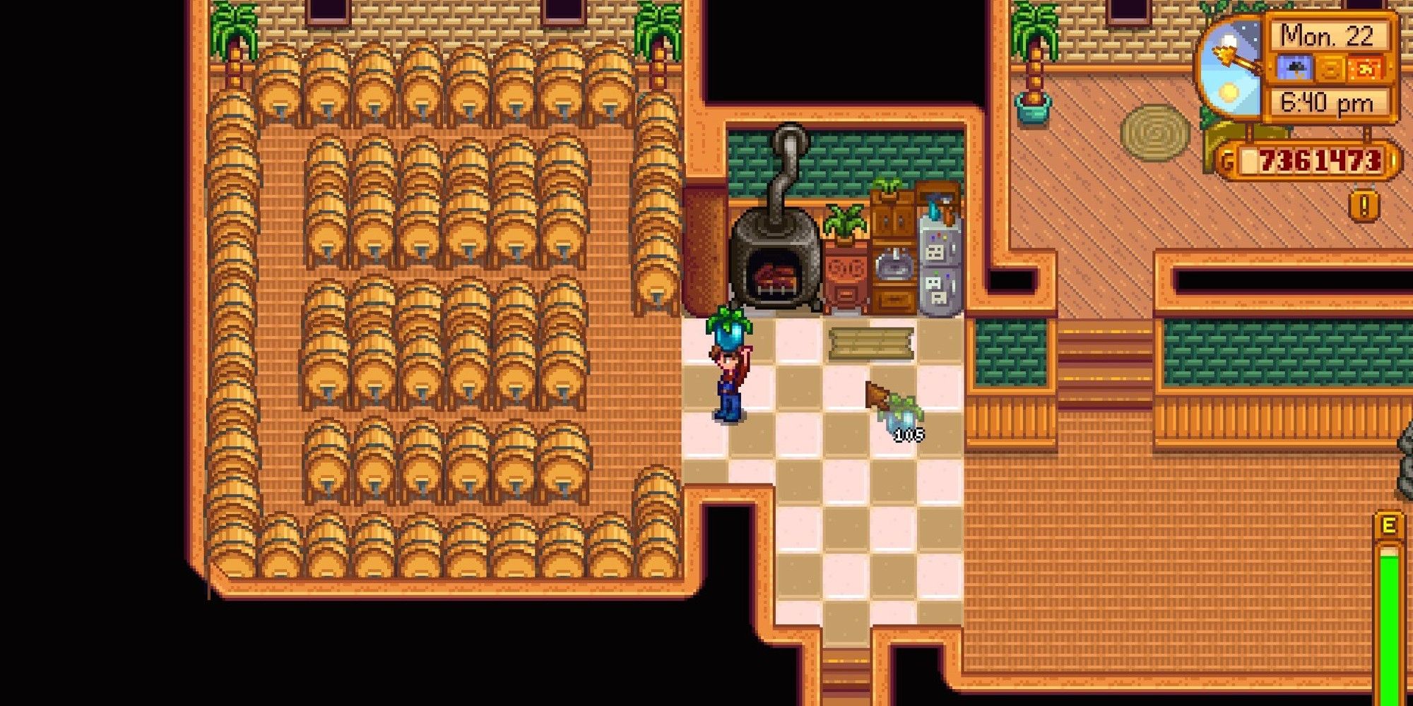 player standing next to kegs in the island farmhouse, while holding an ancient fruit