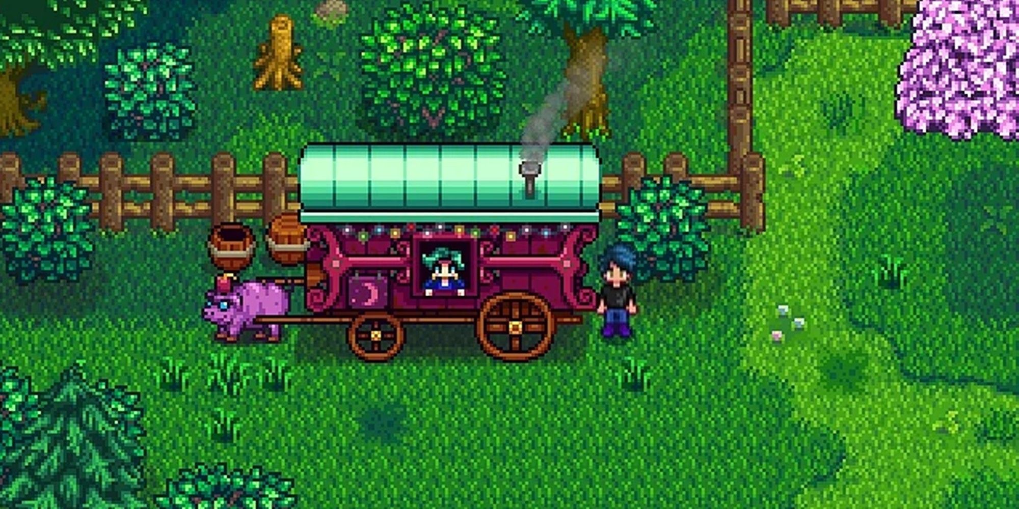 player standing next to traveling cart with merchant inside