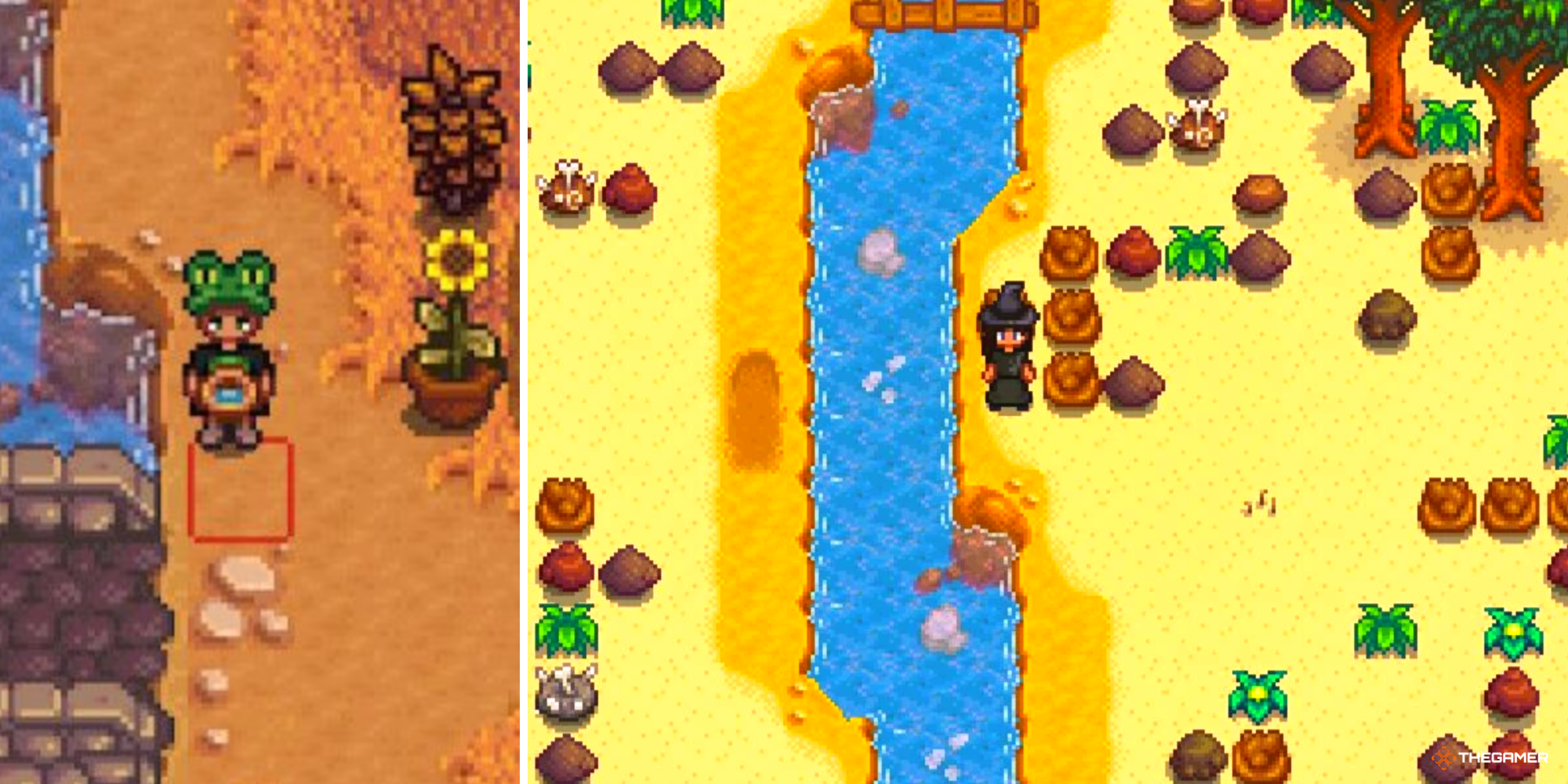 Stardew Valley - Player Panning on left, Player in the Dig Site on Ginger Island on right