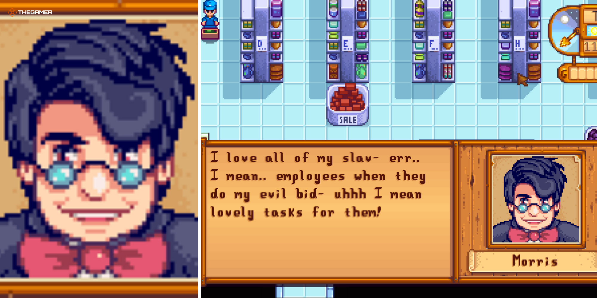Stardew-Valley---split-image-of-Morris-(profile-picture-on-left,-conversation-on-right).png