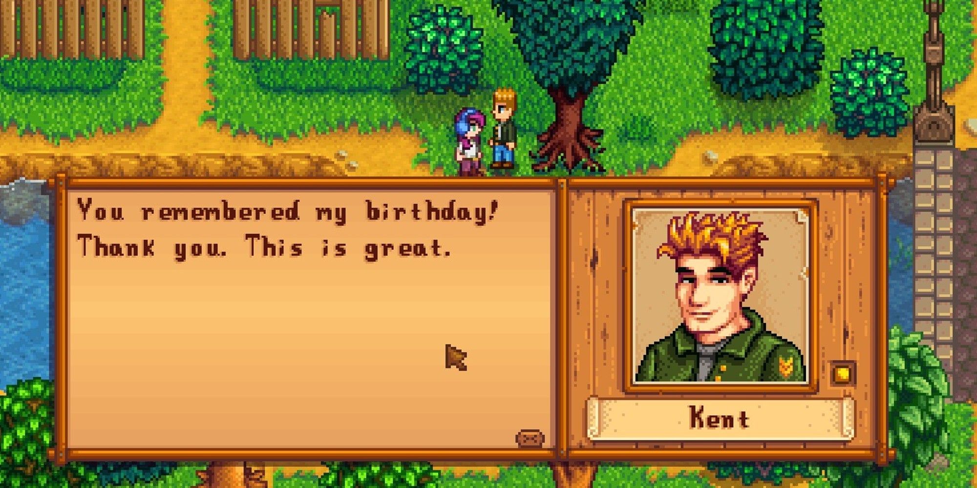player gifting kent a birthday present in pelican town