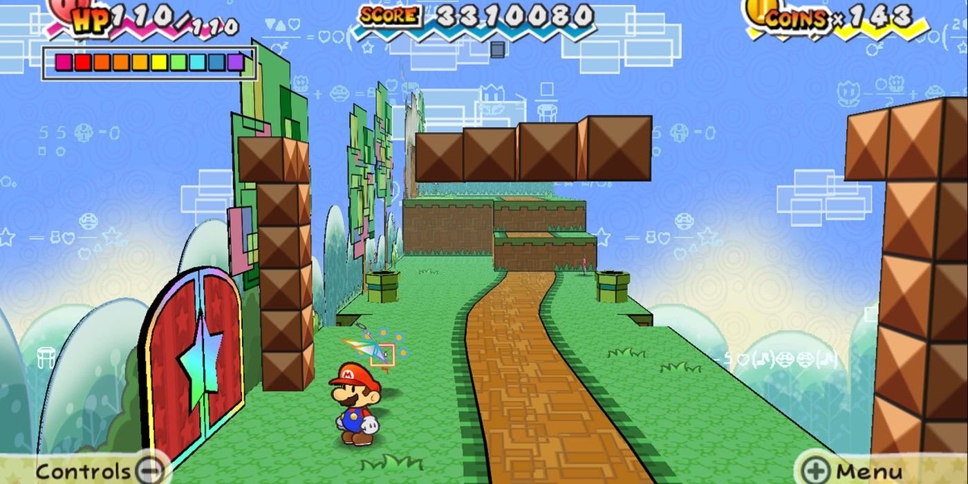 Mario in 3D realm facing door on grassy path with blocks in Super Paper Mario