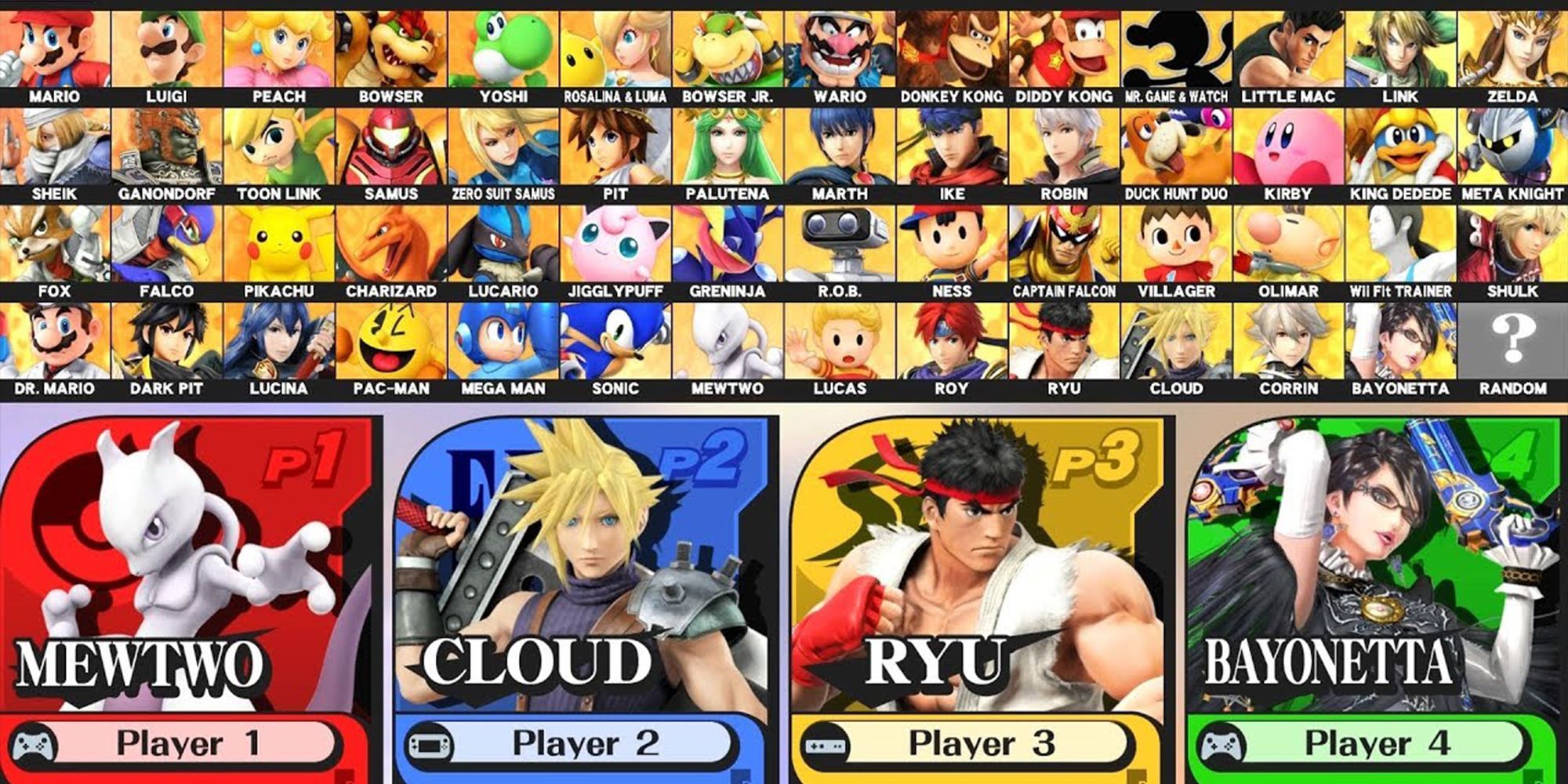 The Character Select Screen for Super Smash Bros. for Wii U
