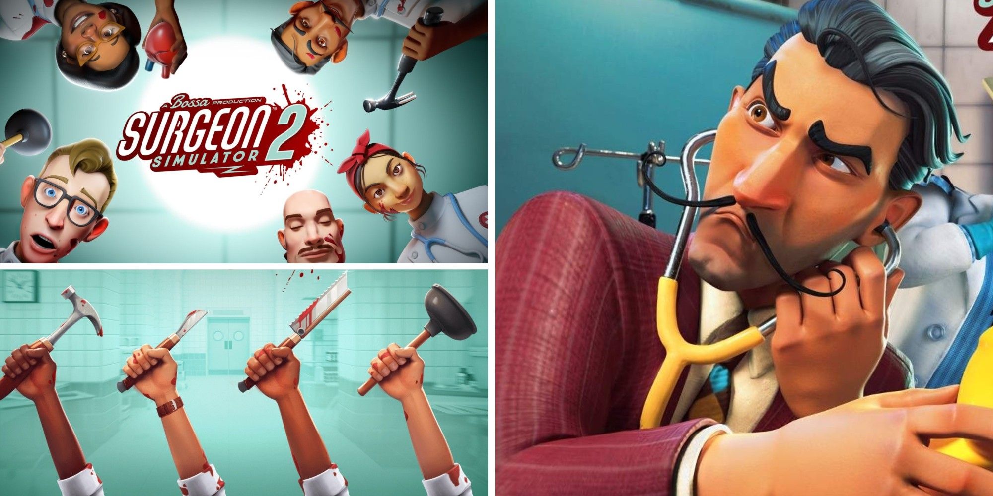 Split image Surgeon Simulator 2 logo and characters (top left), holding tools (bottom left) playable character (right)