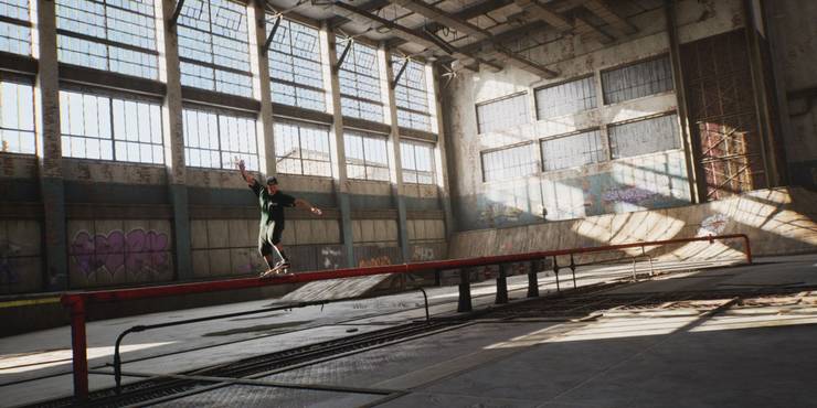 THPS Skater grinding rail in old warehouse