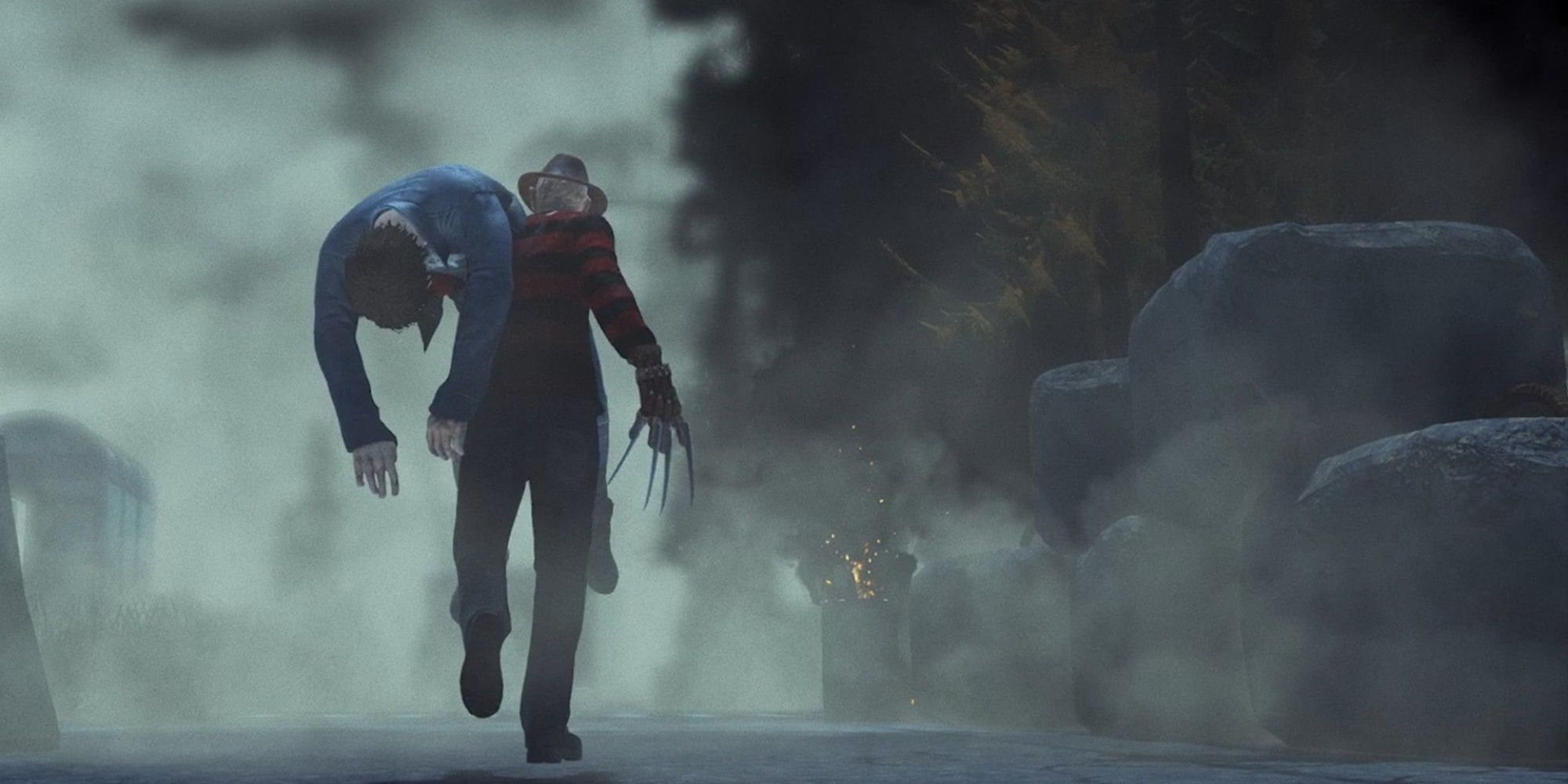 The Nightmare aka Freddy Kreuger carrying a survivor in Dead By Daylight