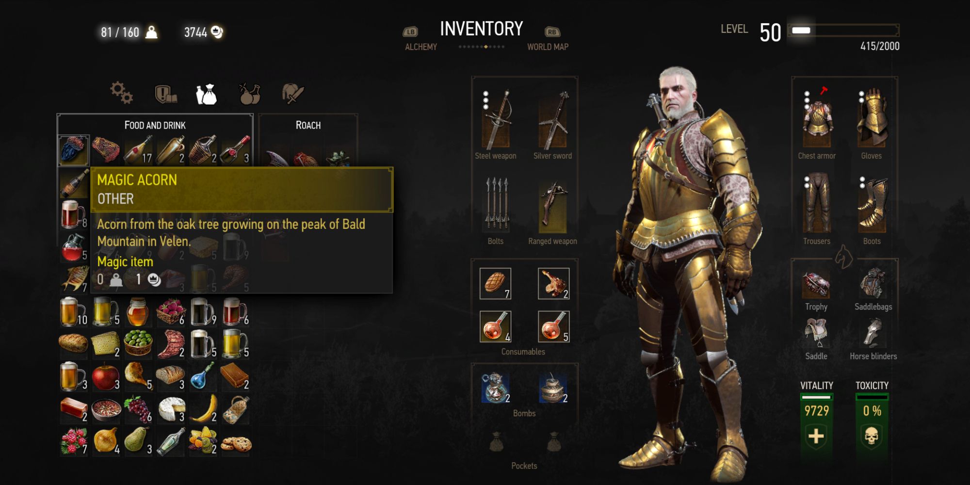 The Witcher 3 Screenshot Of Magic Acorn In Inventory