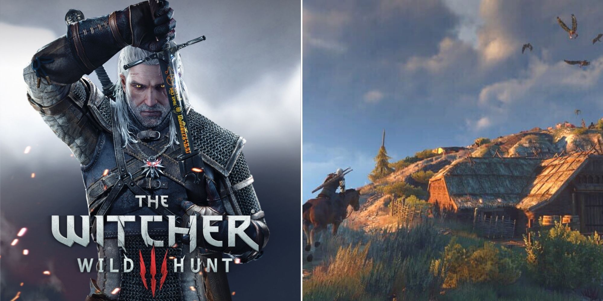The Witcher 3 Wild Hunt Cover Art and Geralt riding Roach up a hill