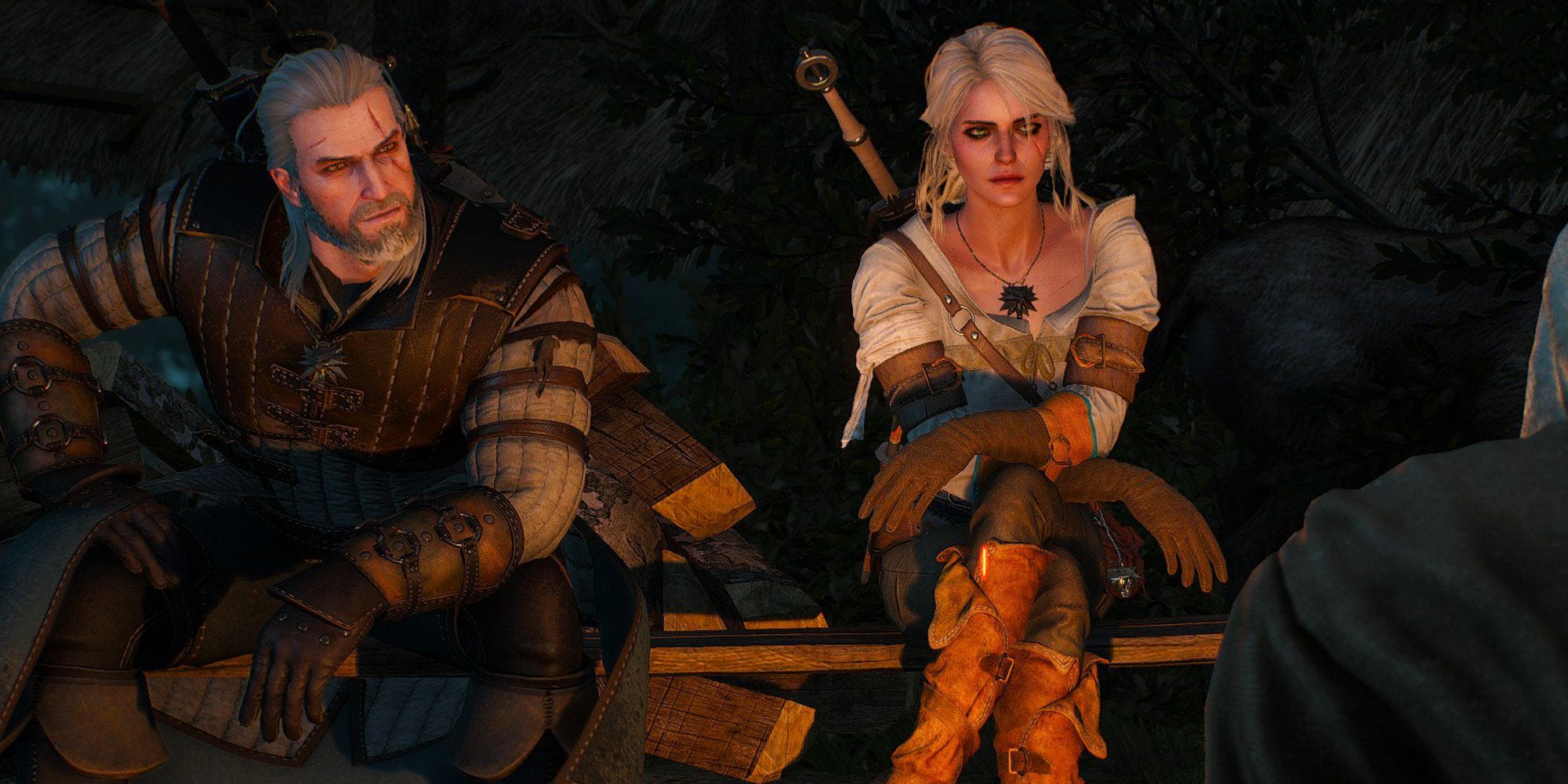 The Witcher 3 Geralt and Ciri sat by a campfire.