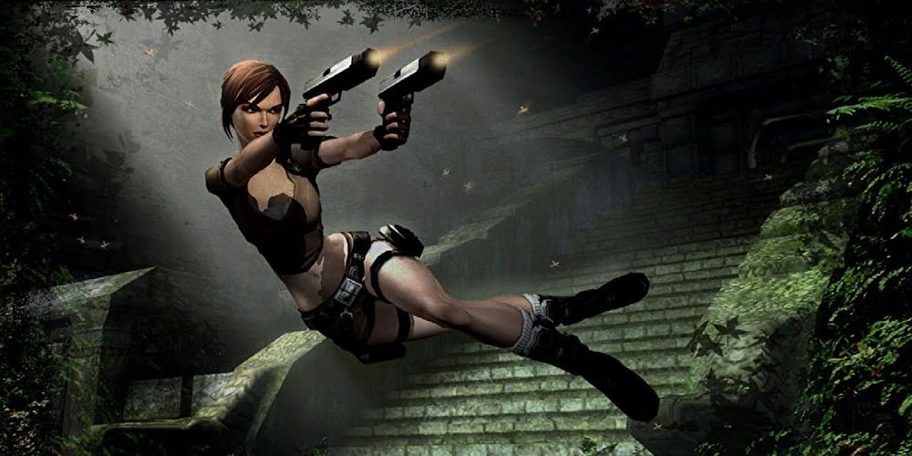Tomb Raider Legend Promo Shot Of Lara Croft Firing Pistols While Jumping Through Air