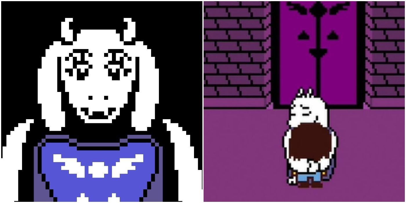 Split image of Toriel from Undertale and Toriel hugging the player