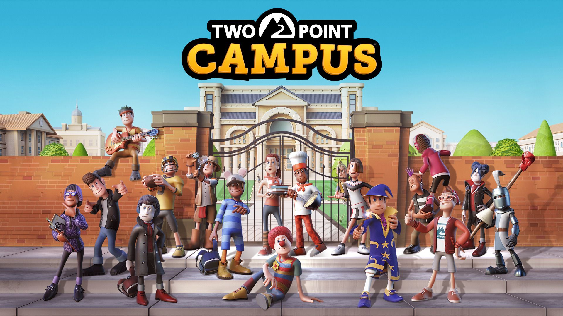 Two Point Campus key artwork of students in front of gates