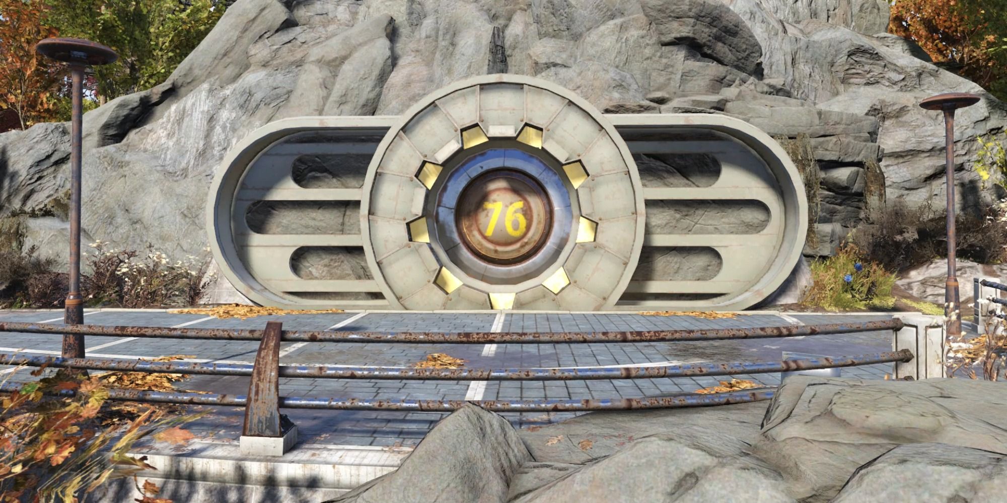 Vault 76 front entrance with railing ahead of it