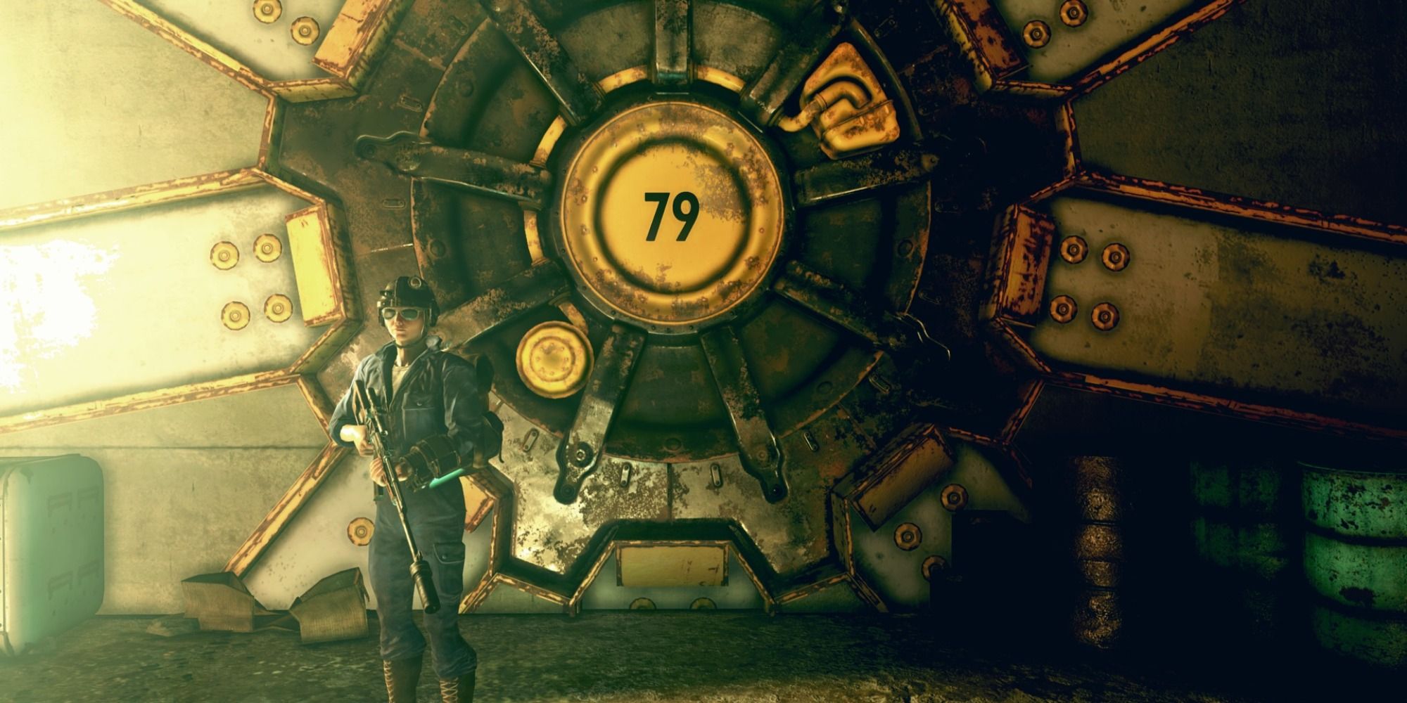 Vault 79 closed gate entrance with player character posing in front