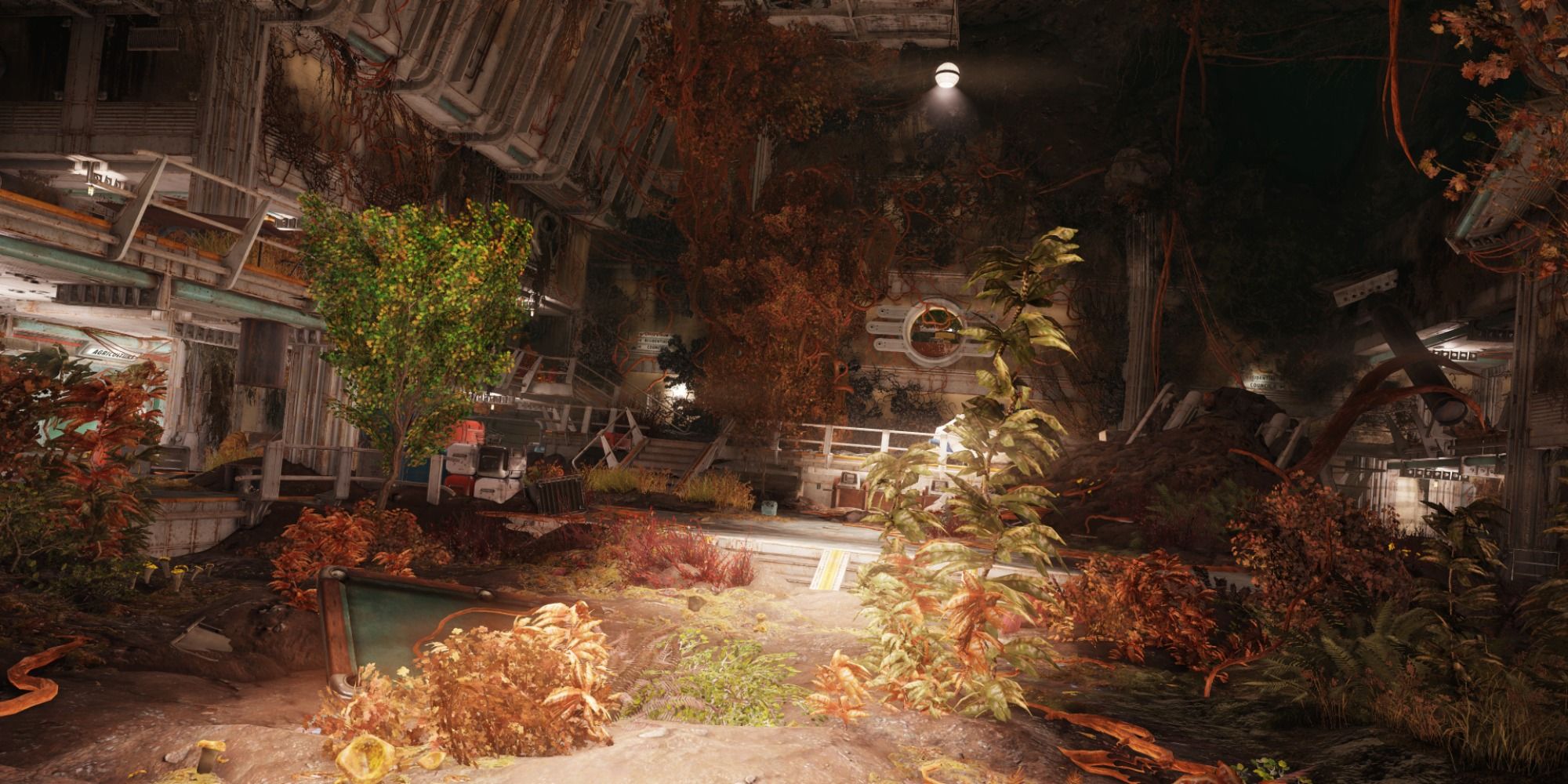 Vault 94 inside with plants overgrown throughout