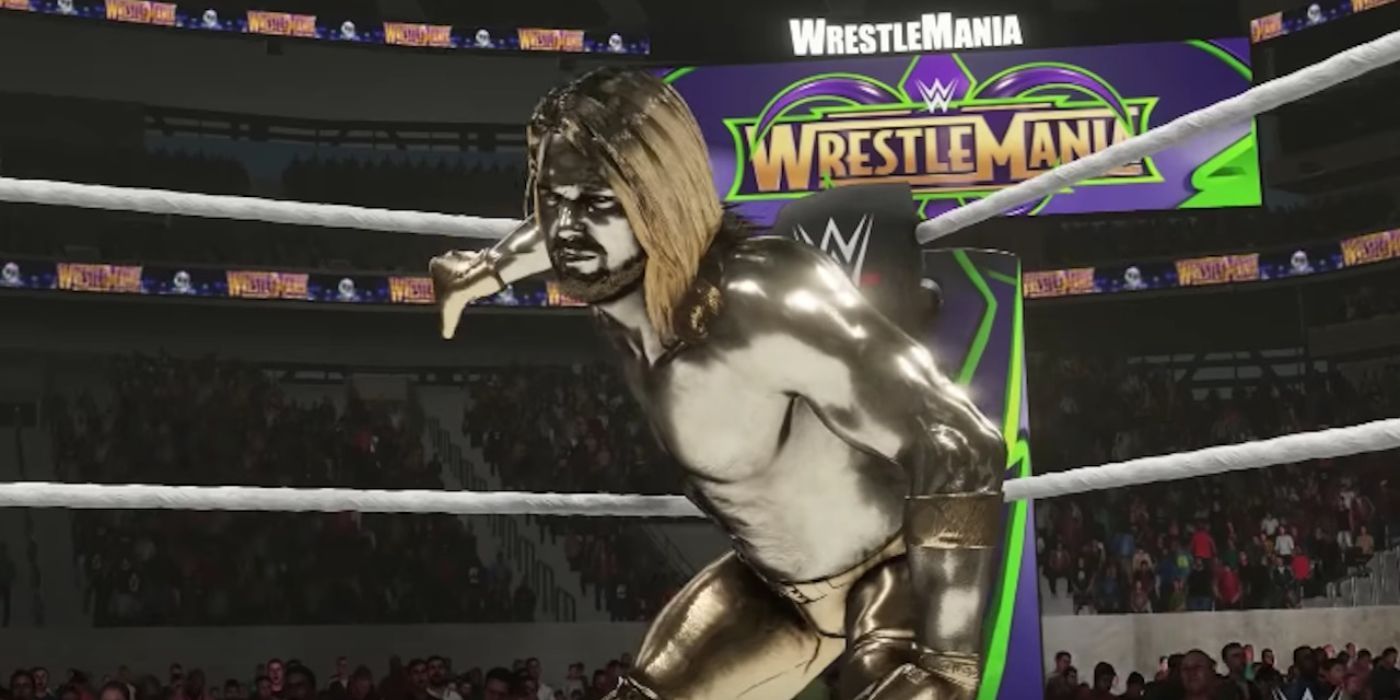 Gold AJ Styles warms up in the ring at WrestleMania in WWE 2k19