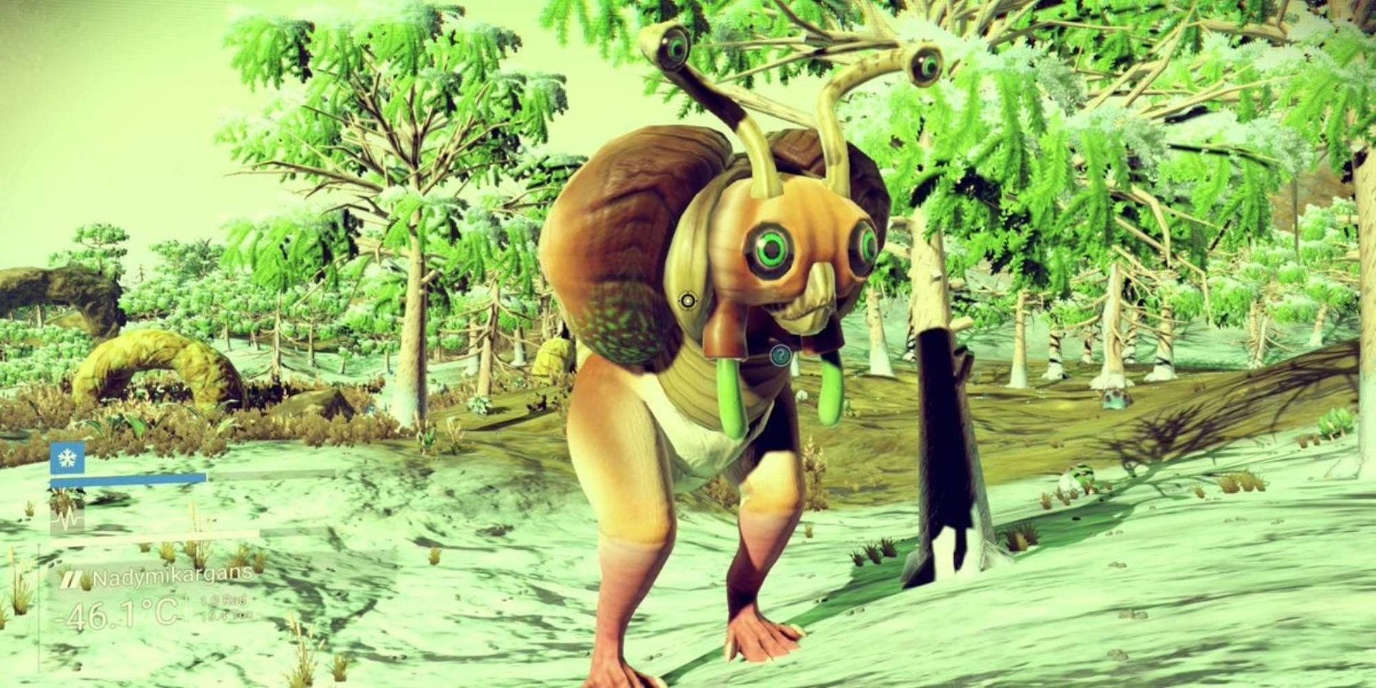 No Man's Sky close up screenshot of bizarre alien in forest