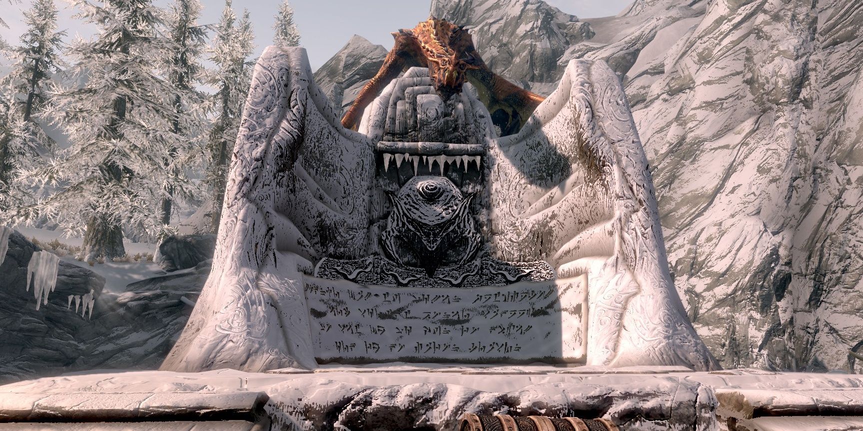 A Word Wall being protected by a dragon in Skyrim.