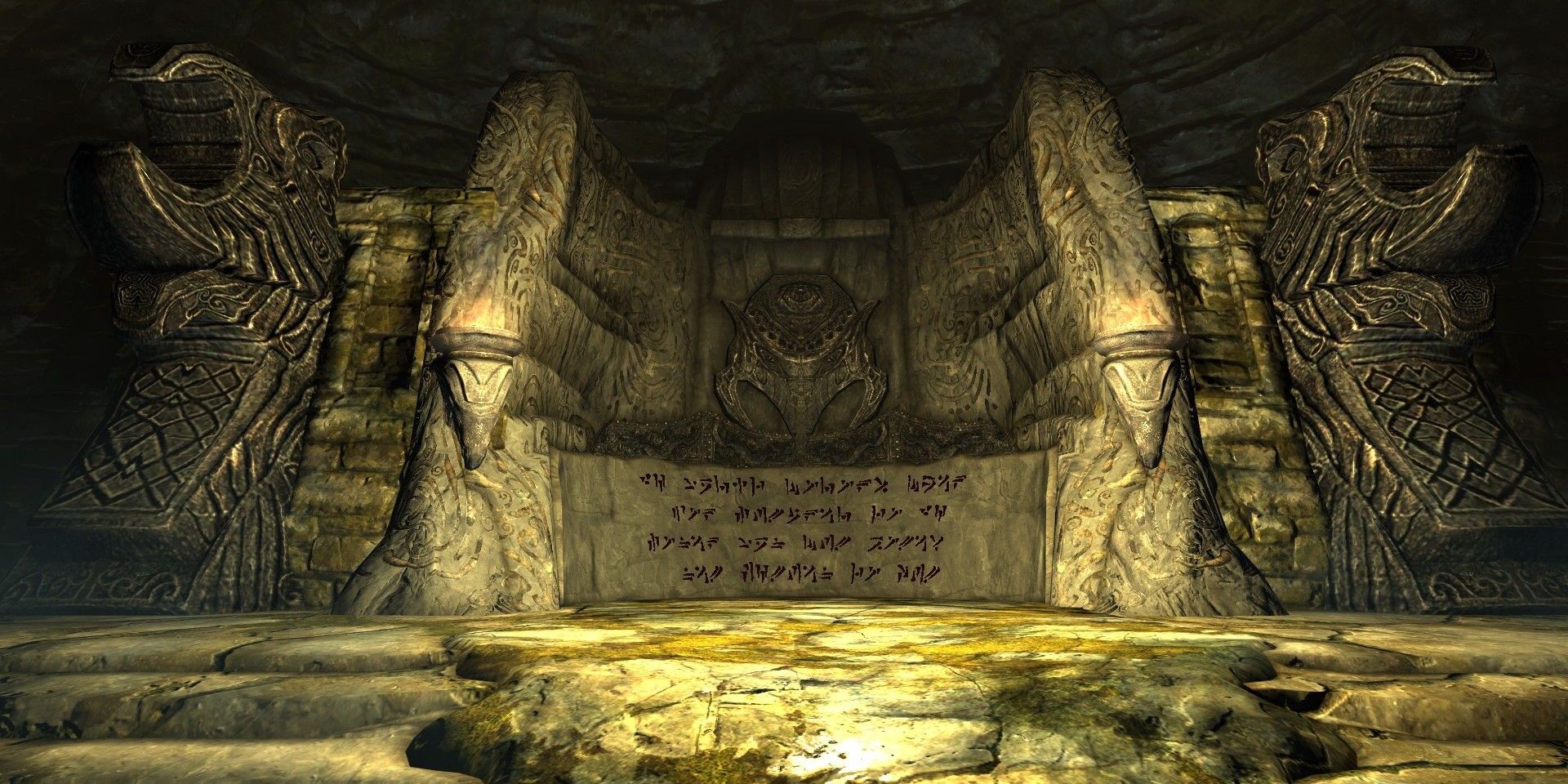 A dimly-lit Word Wall from Skyrim.