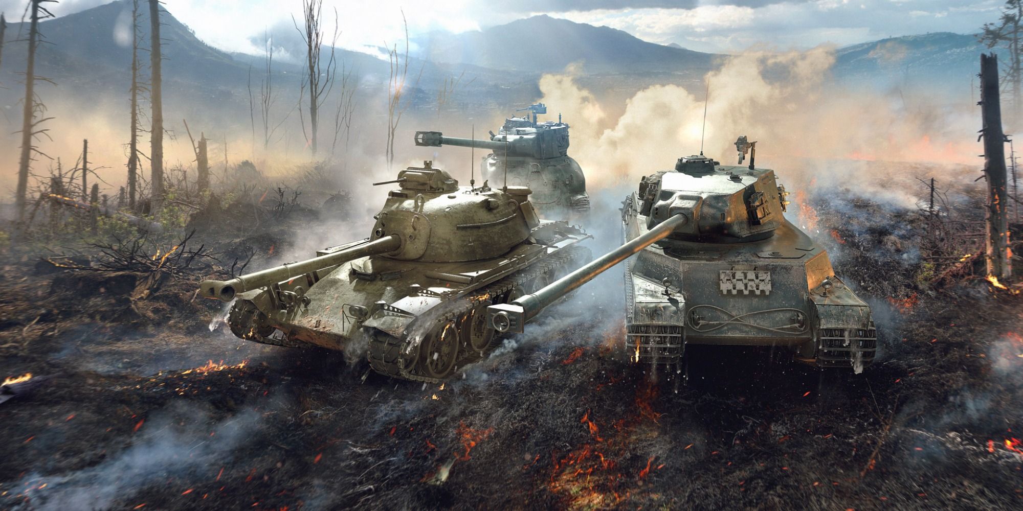 World-of-Tanks high def photo of 3 tanks and burnt forest