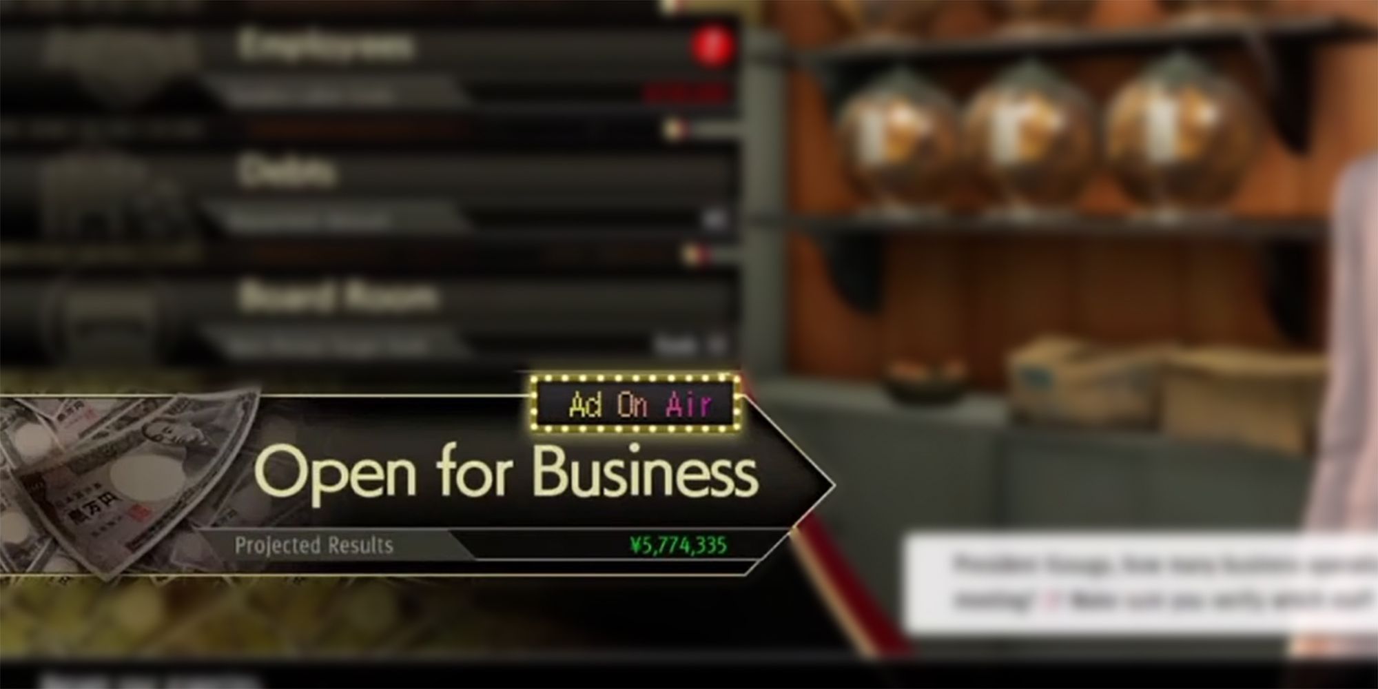Yakuza Like A Dragon - What The Open For Business Prompt Looks Like After Investing In The Commercial Ads