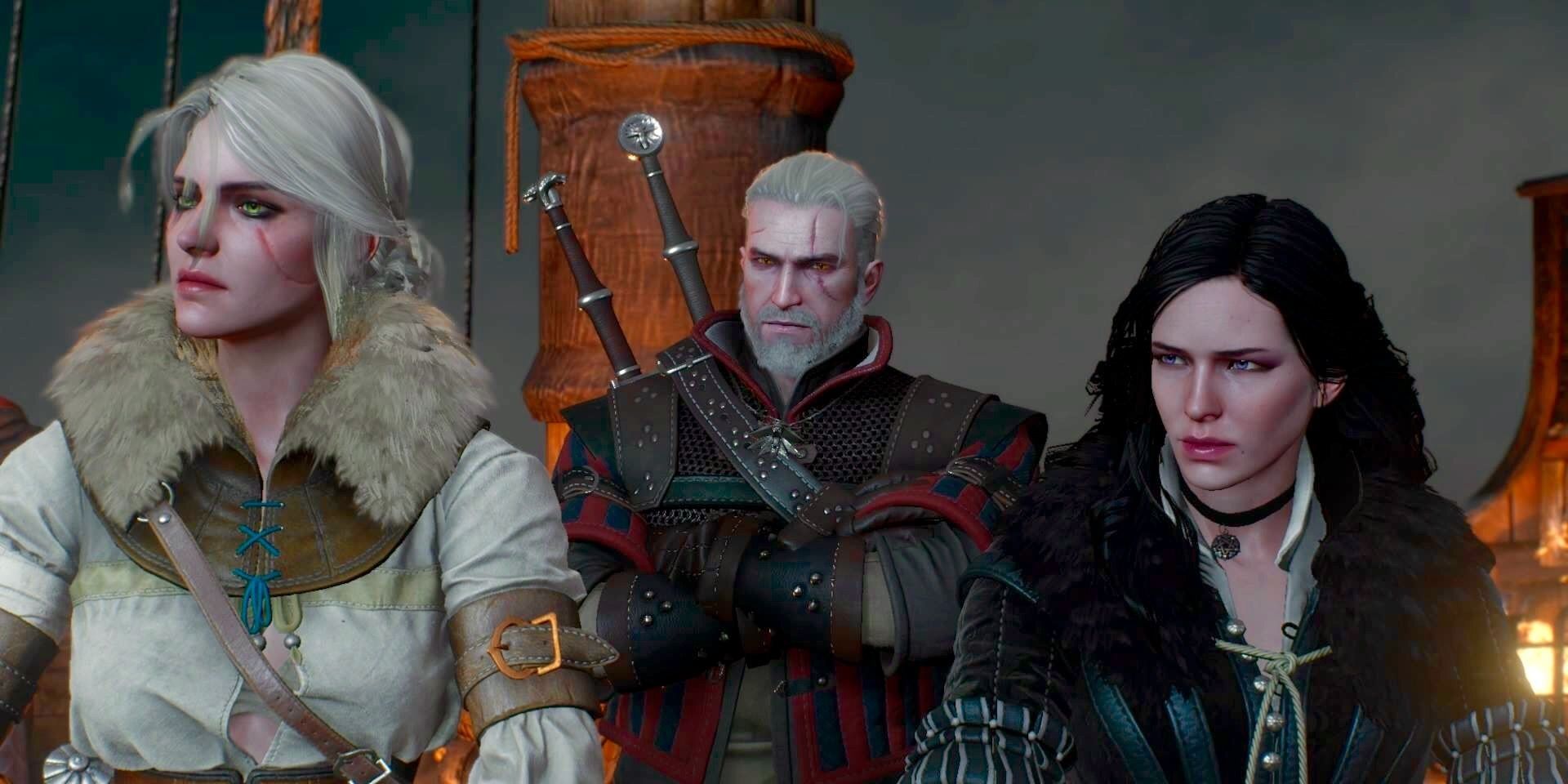 From left to right, Ciri, Geralt, and Yennefer all stand looking at something off-screen