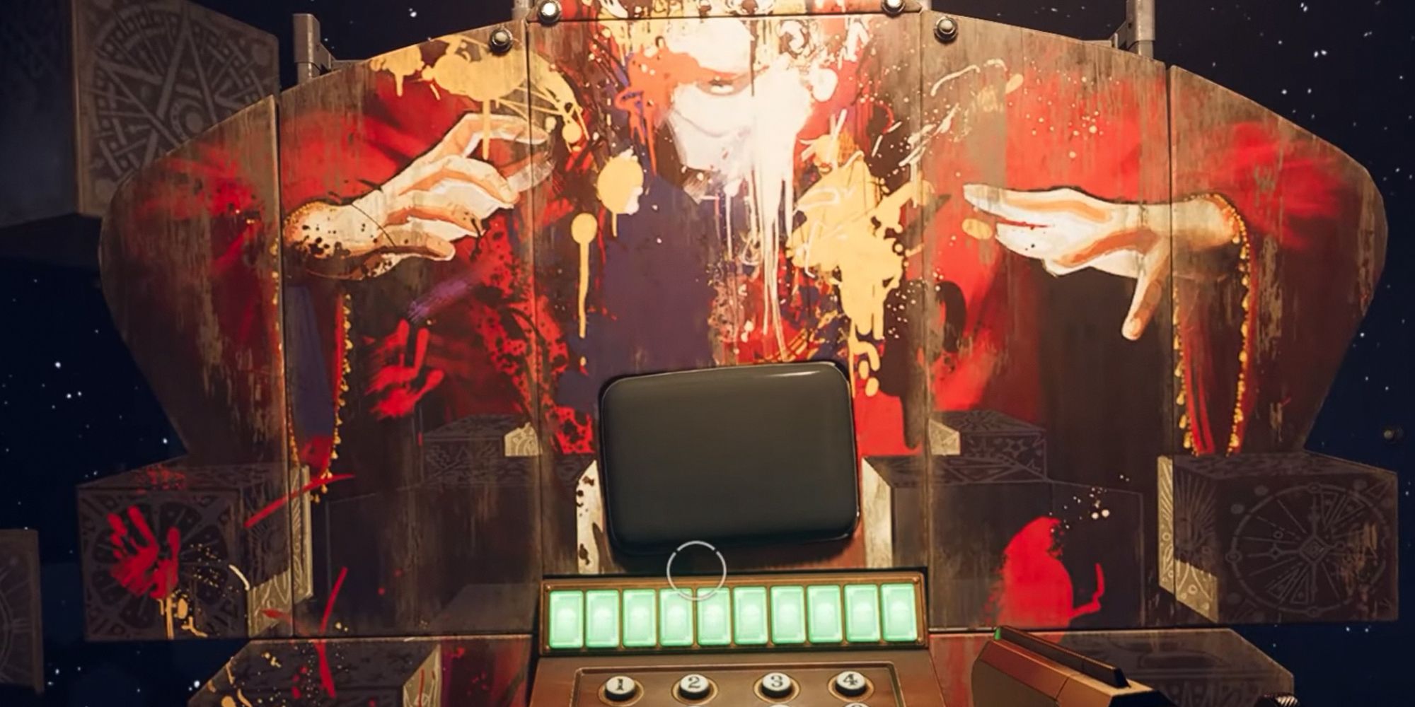 A machine with a painting of two hands over it. The machine asks the player questions about Blackreef.
